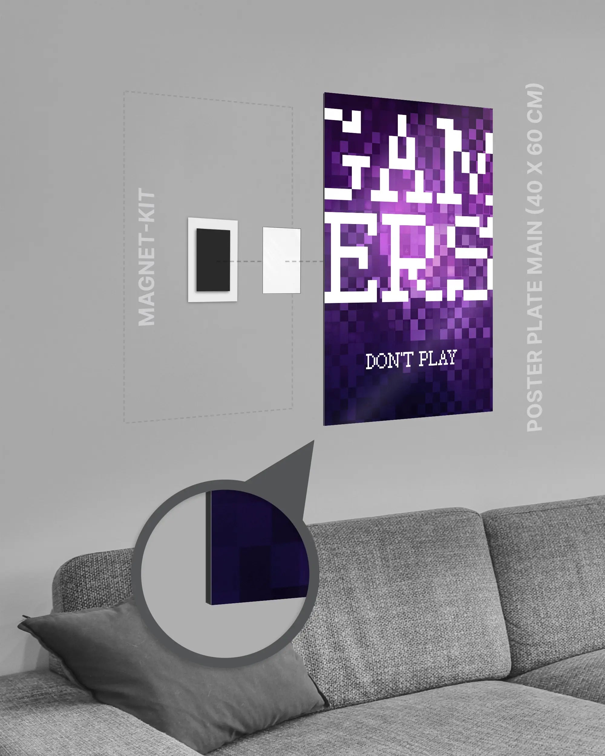 Magnet-Kit Seitenansicht des Poster Plate Designs Gamers don't play im Metallic Style in der Größe Main (40 x 60 cm)