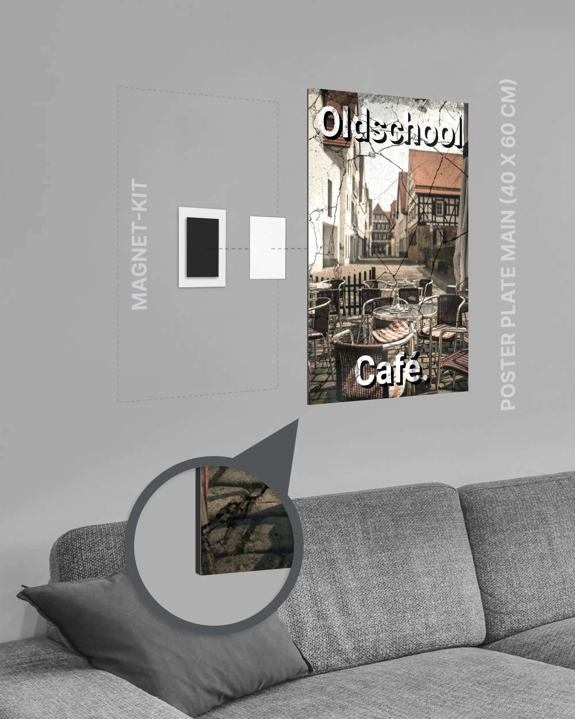 Magnet-Kit Seitenansicht des Poster Plate Designs Oldschool Café im Metallic Style in der Größe Main (40 x 60 cm)