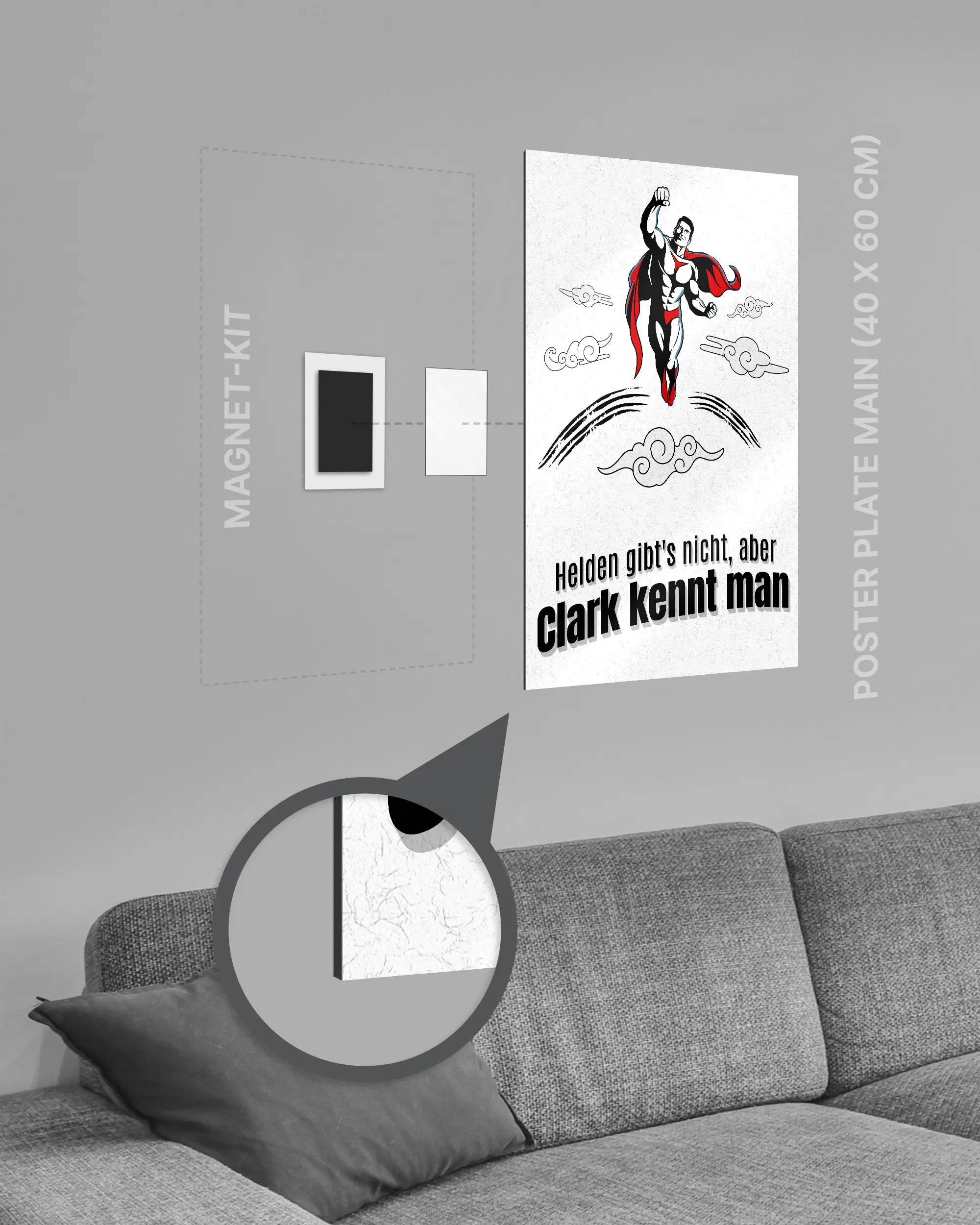 Magnet-Kit Seitenansicht des Poster Plate Designs Clark kennt man im Metallic Style in der Größe Main (40 x 60 cm)