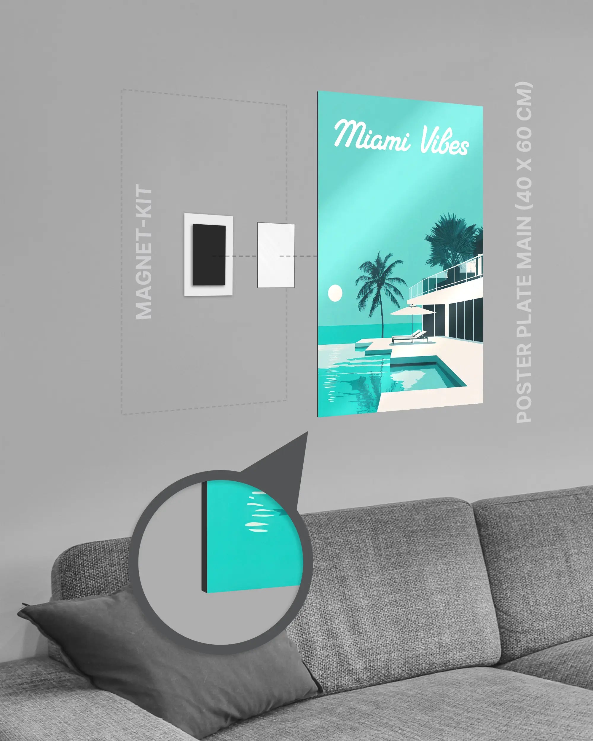 Magnet-Kit Seitenansicht des Poster Plate Designs Miami Vibes im Metallic Style in der Größe Main (40 x 60 cm)