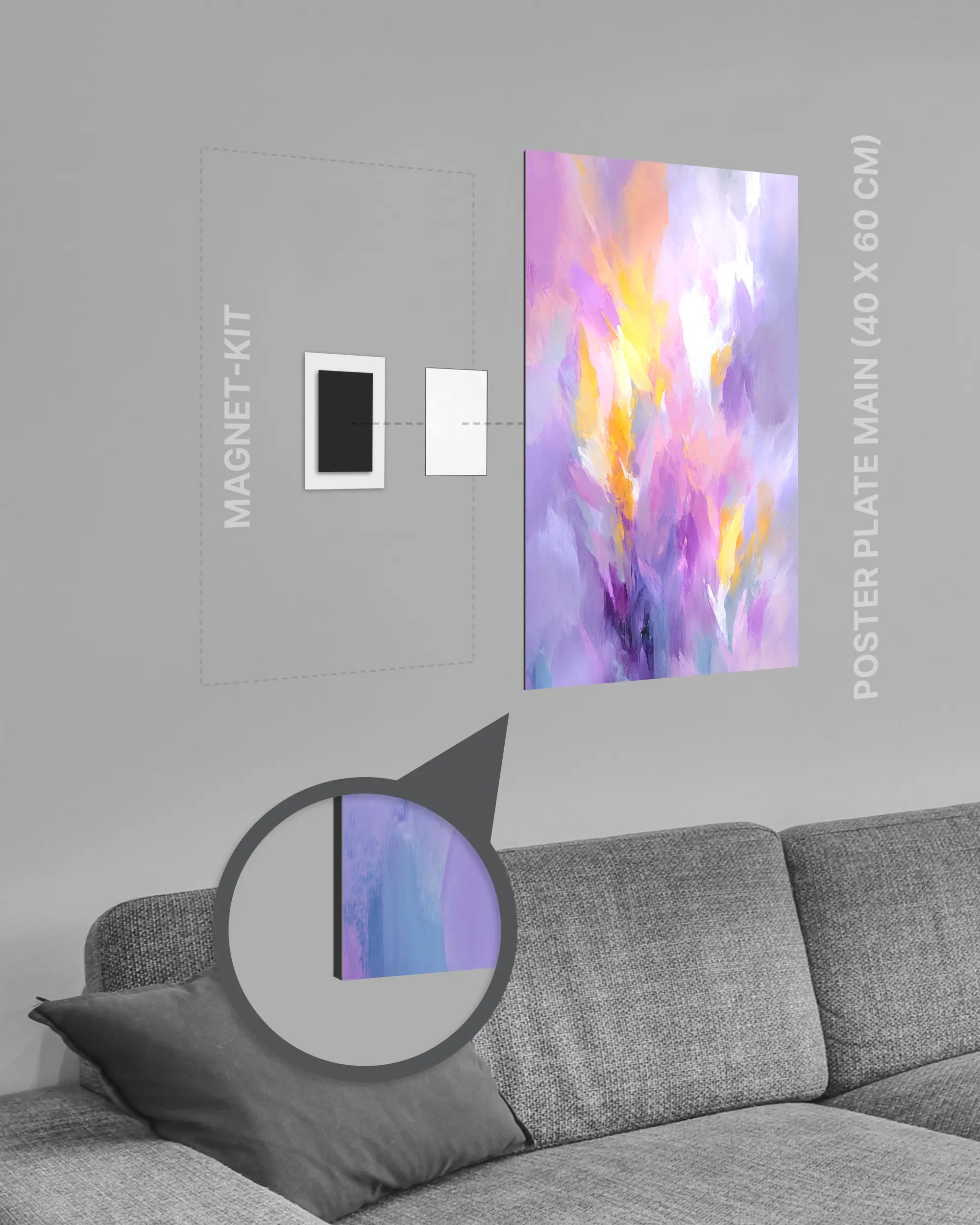 Magnet-Kit Seitenansicht des Poster Plate Designs Lust und Laune im Metallic Style in der Größe Main (40 x 60 cm)