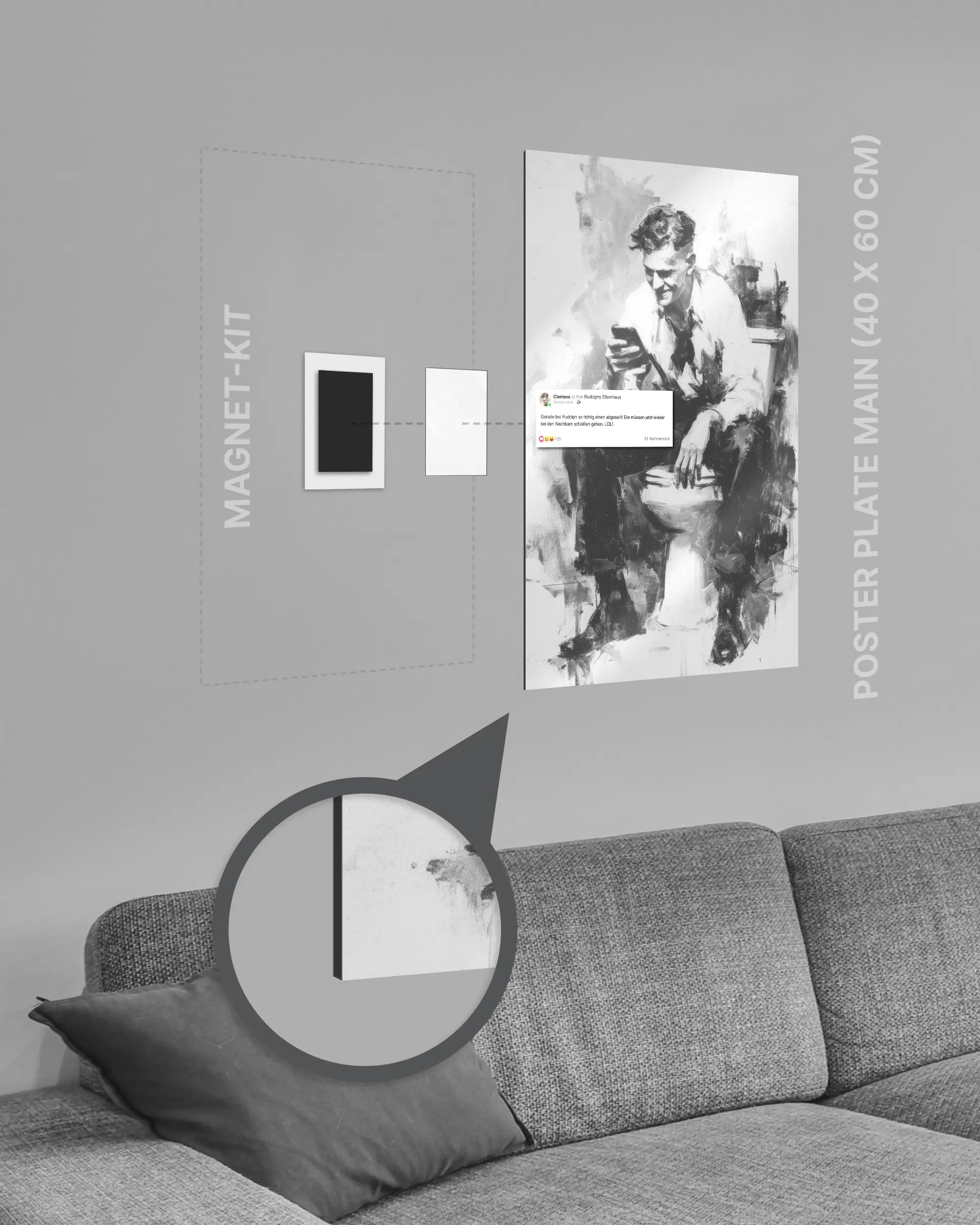 Magnet-Kit Seitenansicht des Poster Plate Designs Clemens kackt im Metallic Style in der Größe Main (40 x 60 cm)