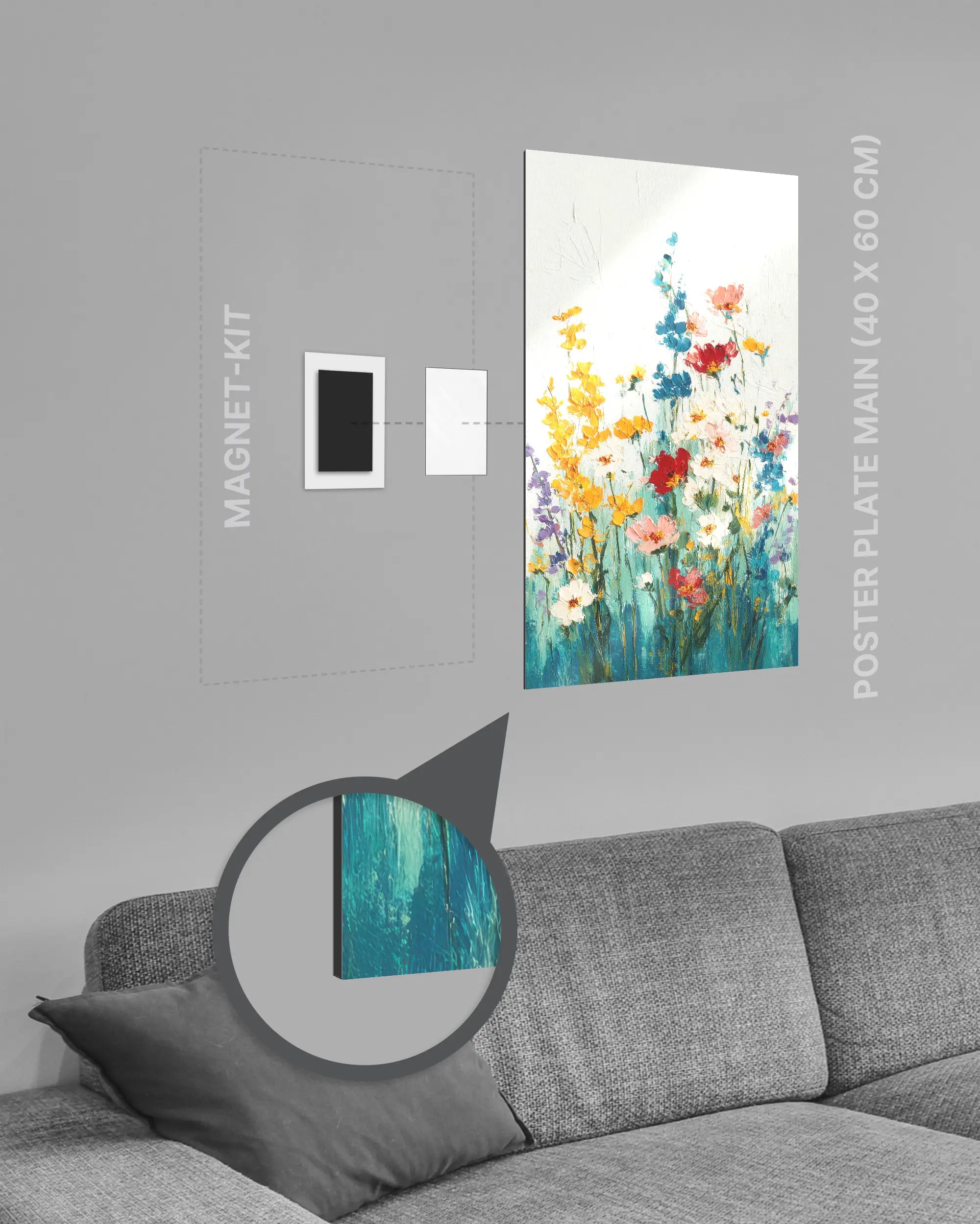 Magnet-Kit Seitenansicht des Poster Plate Designs Blühen statt Mühen im Metallic Style in der Größe Main (40 x 60 cm)