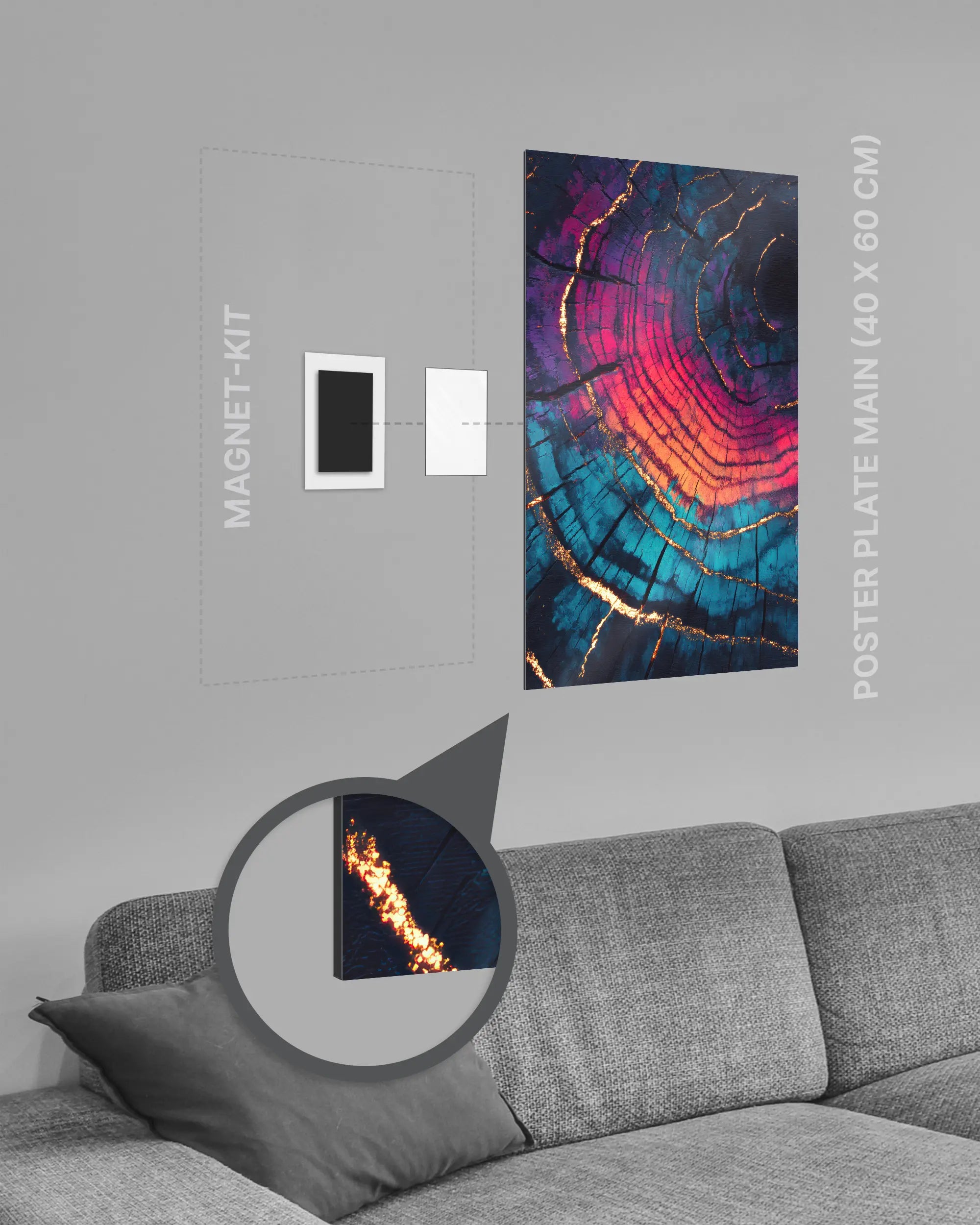 Magnet-Kit Seitenansicht des Poster Plate Designs Rindenroulette im Metallic Style in der Größe Main (40 x 60 cm)