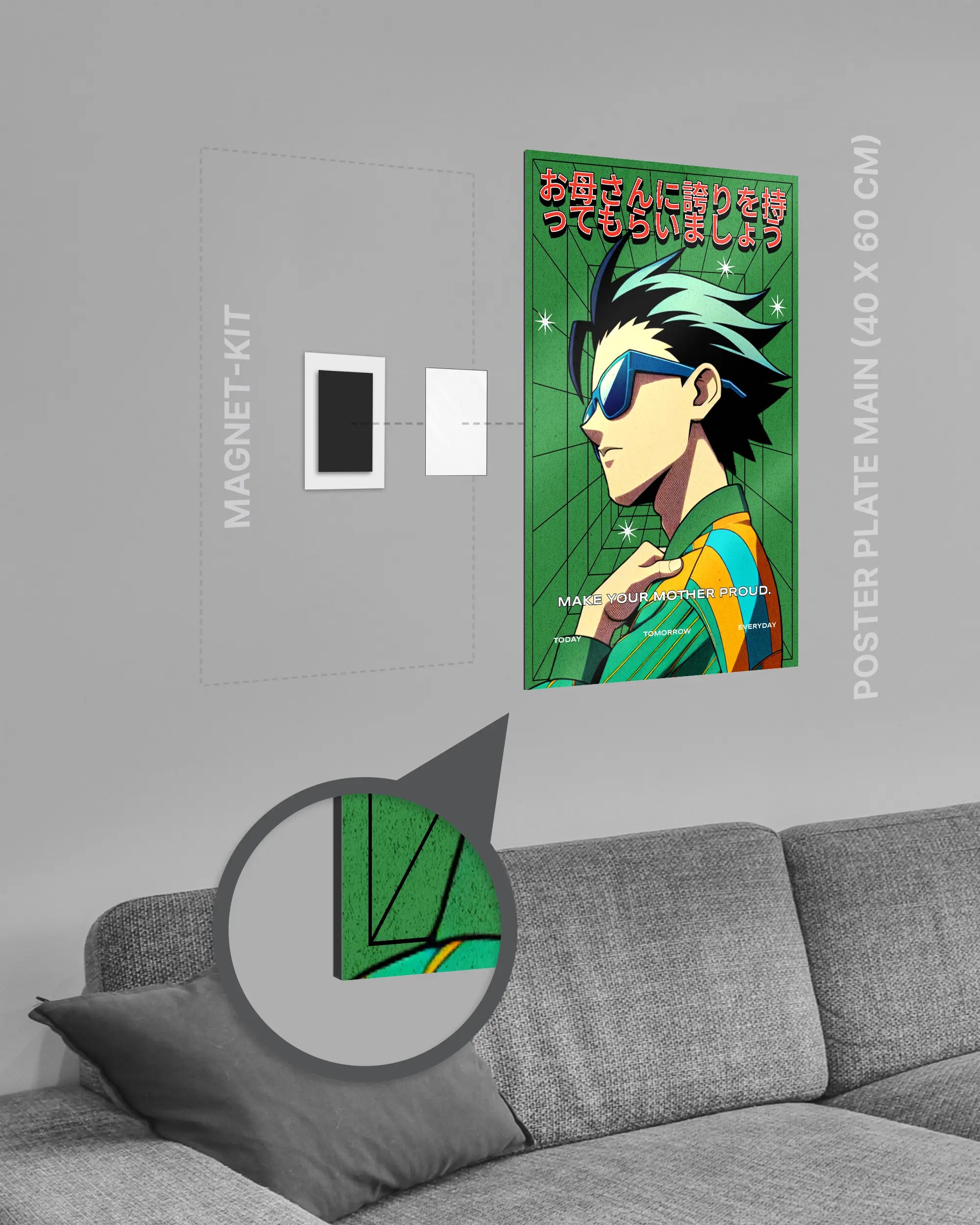 Magnet-Kit Seitenansicht des Poster Plate Designs Make her proud im Metallic Style in der Größe Main (40 x 60 cm)