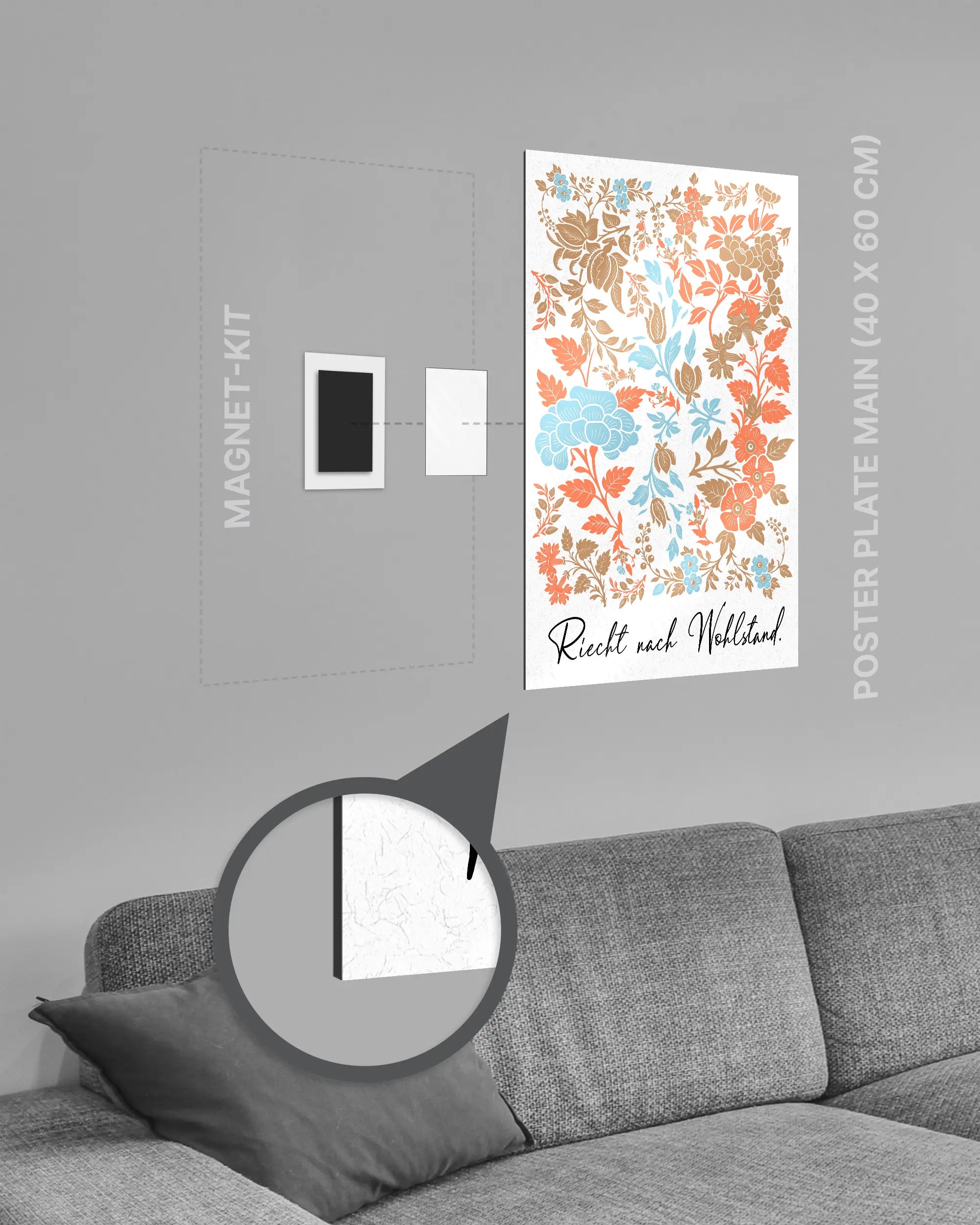 Magnet-Kit Seitenansicht des Poster Plate Designs Wohlstandsduft im Metallic Style in der Größe Main (40 x 60 cm)