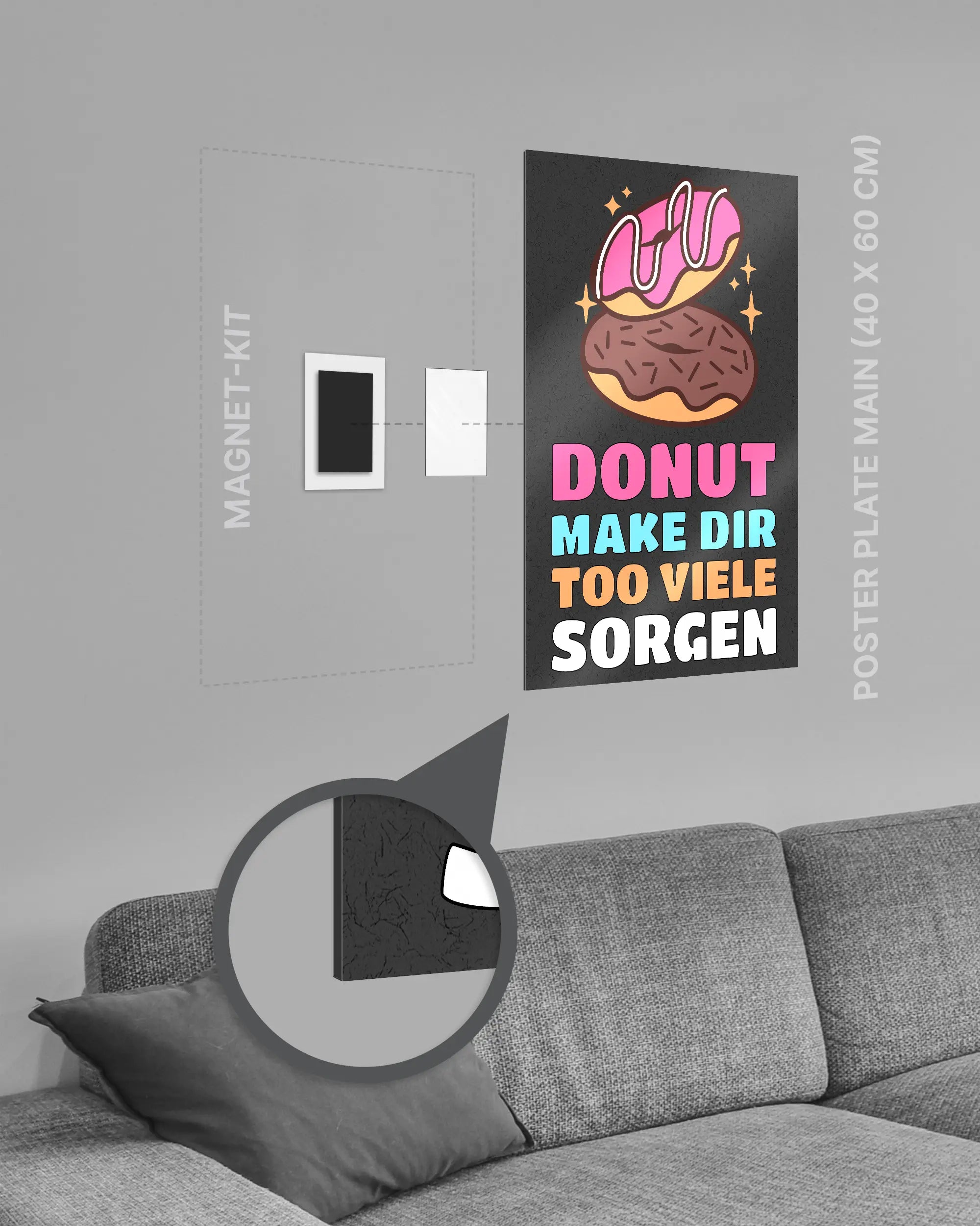 Magnet-Kit Seitenansicht des Poster Plate Designs Donut Worry im Metallic Style in der Größe Main (40 x 60 cm)