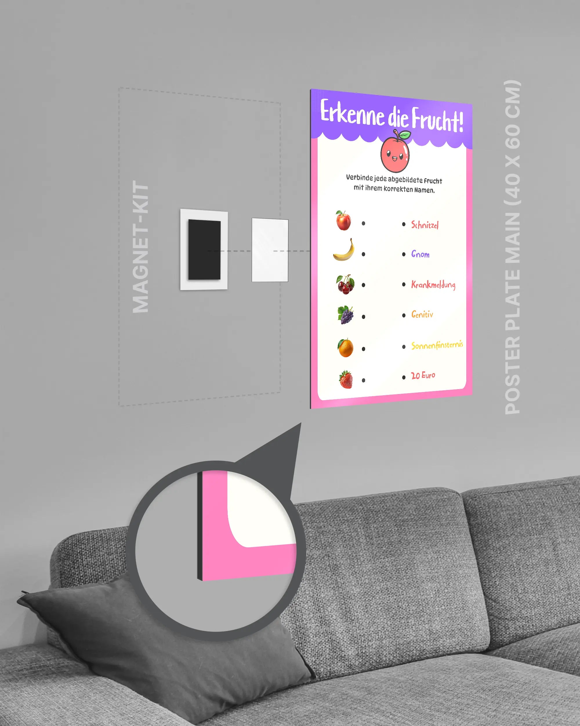 Magnet-Kit Seitenansicht des Poster Plate Designs Fruchtvokabeln im Metallic Style in der Größe Main (40 x 60 cm)