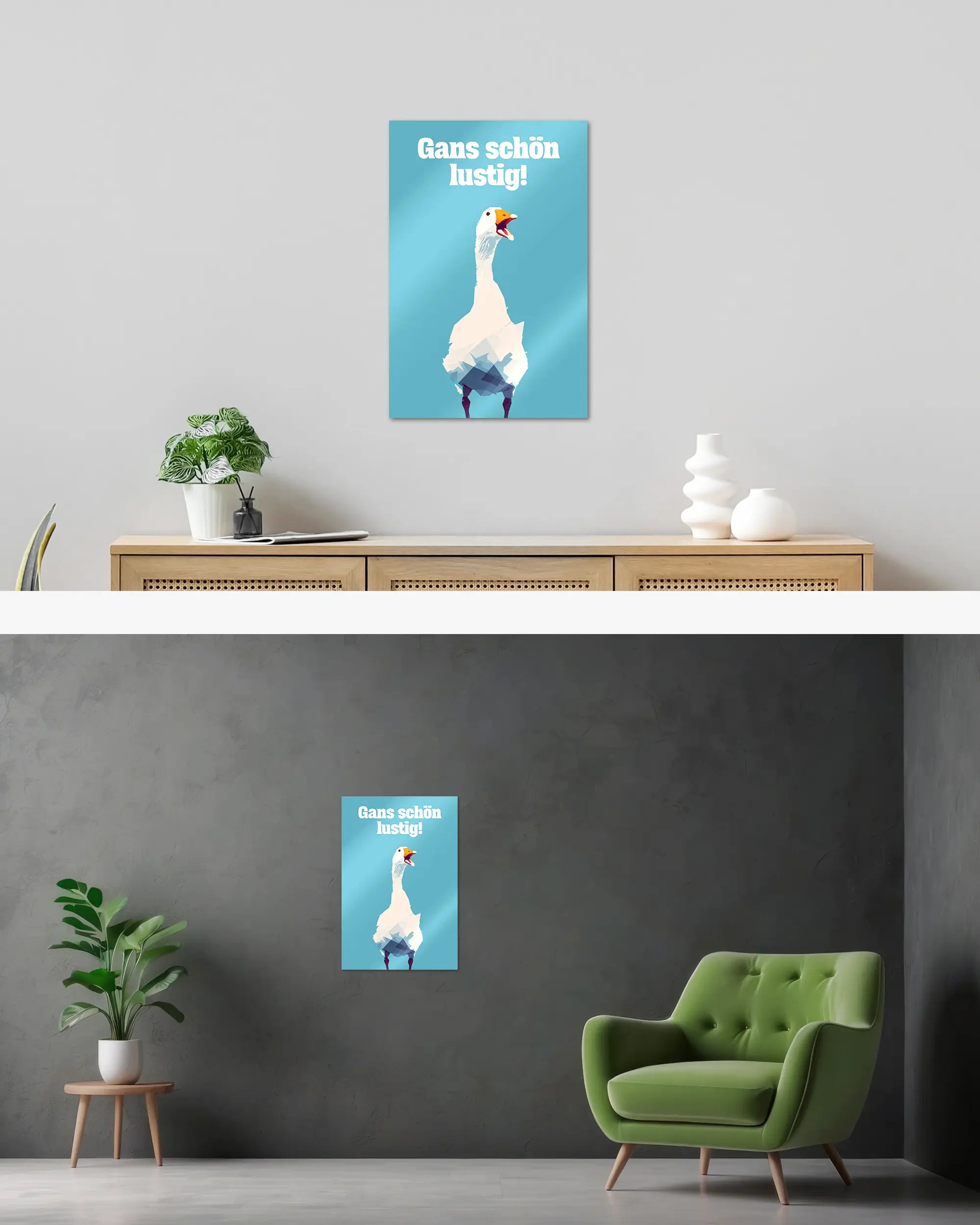 Wandansicht des Poster Plate Designs Gans schön lustig im Metallic Style in der Größe Main (40 x 60 cm)