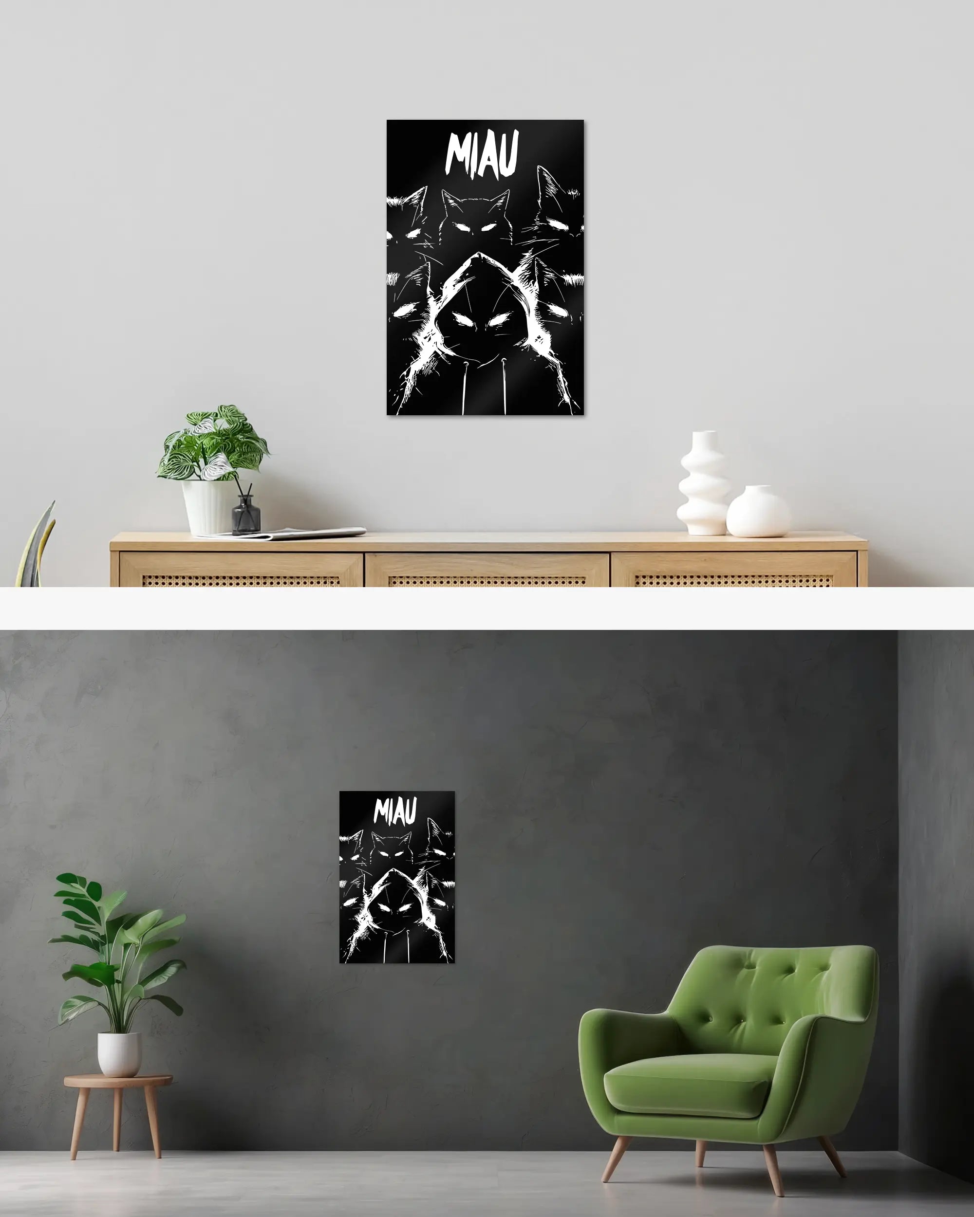 Wandansicht des Poster Plate Designs Miau Gang im Metallic Style in der Größe Main (40 x 60 cm)