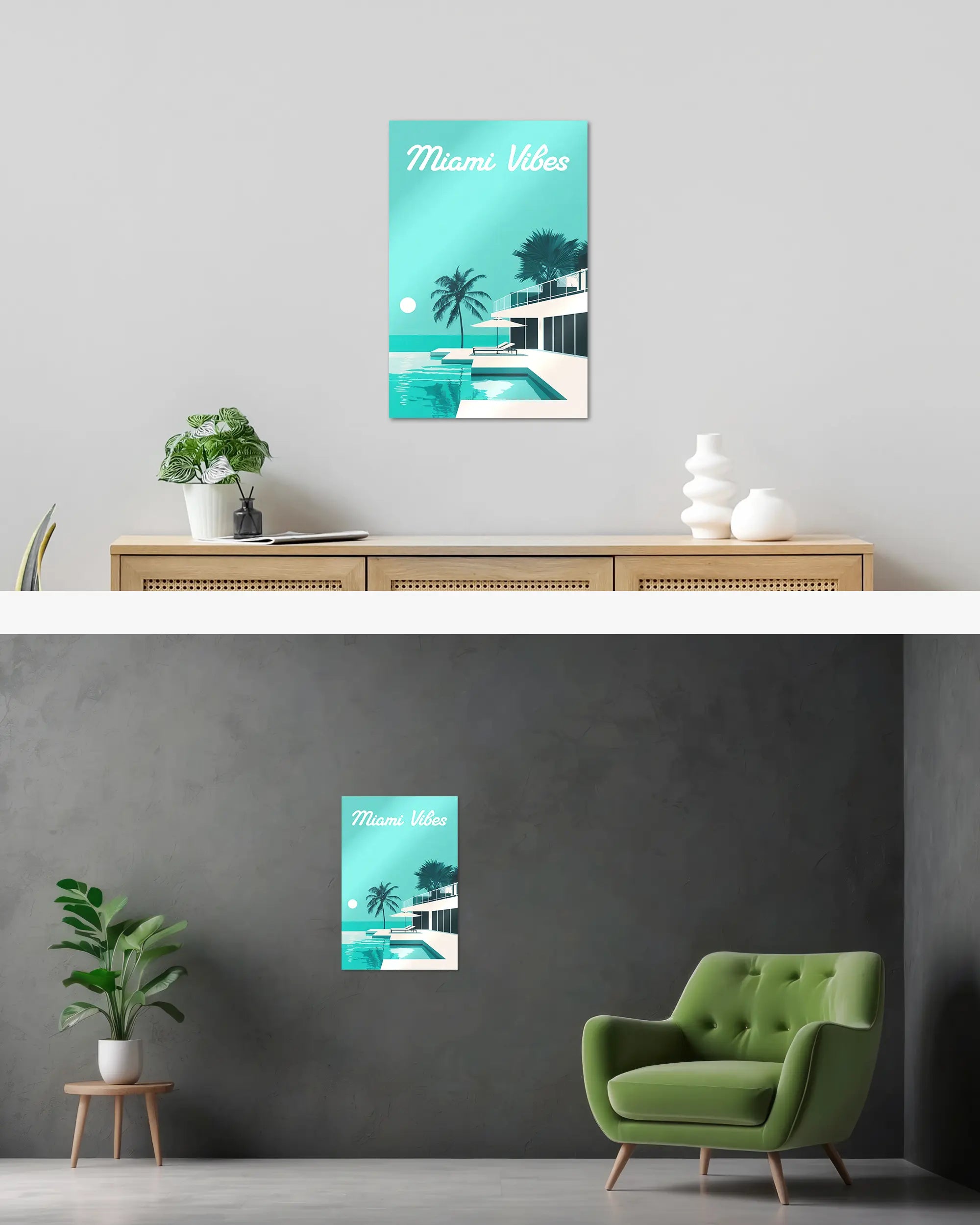 Wandansicht des Poster Plate Designs Miami Vibes im Metallic Style in der Größe Main (40 x 60 cm)