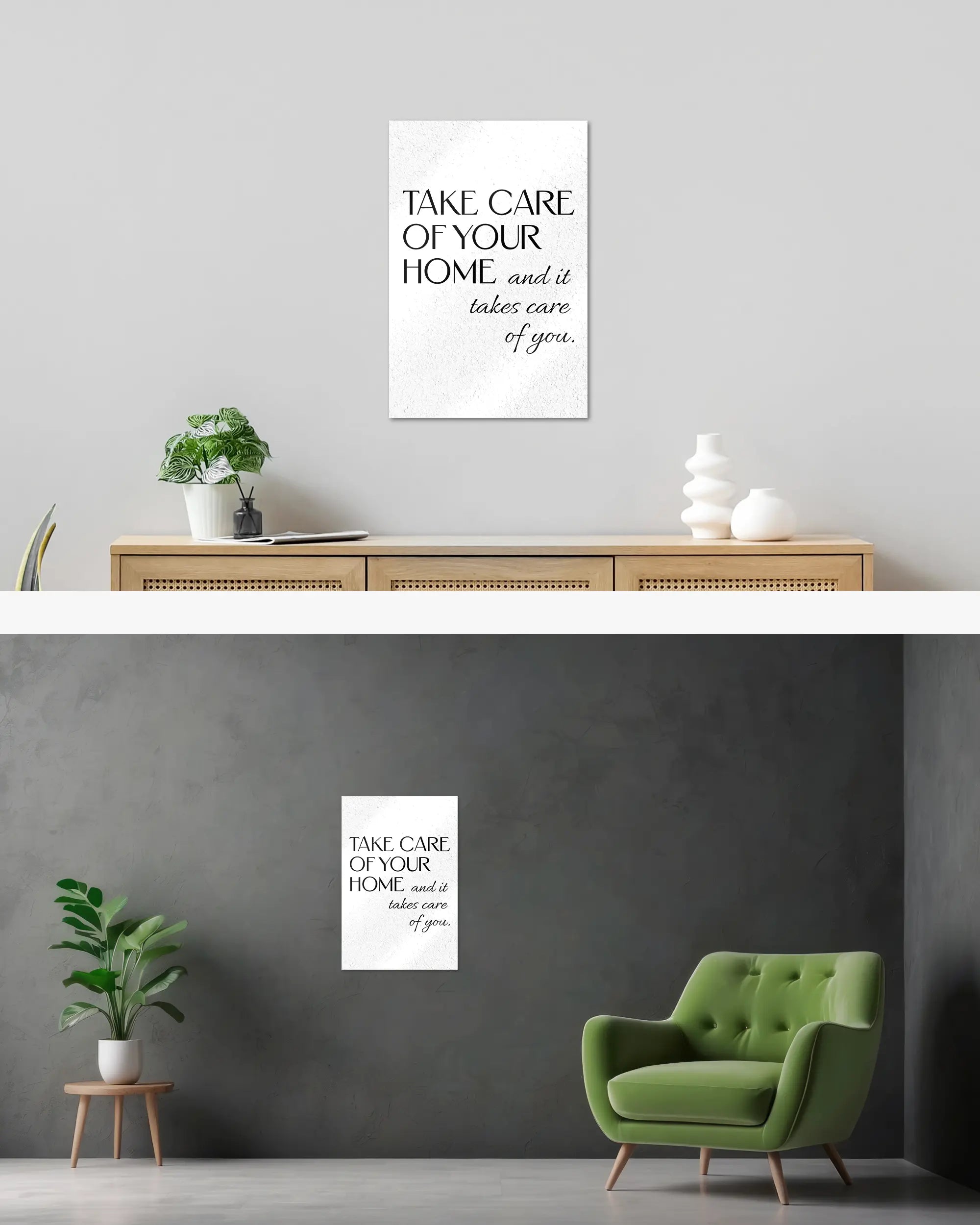 Wandansicht des Poster Plate Designs Take Care im Metallic Style in der Größe Main (40 x 60 cm)