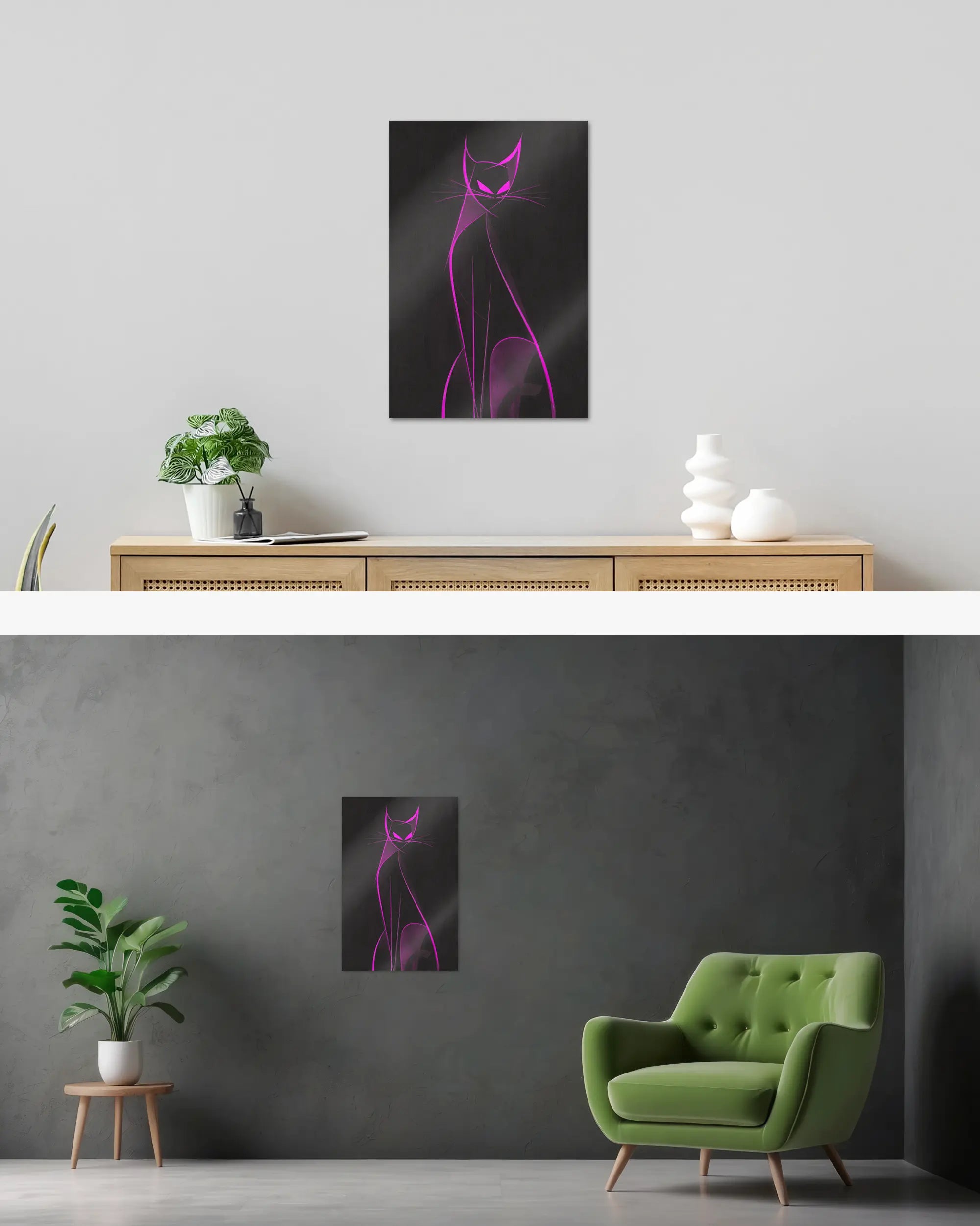 Wandansicht des Poster Plate Designs Katzenkrimi im Metallic Style in der Größe Main (40 x 60 cm)