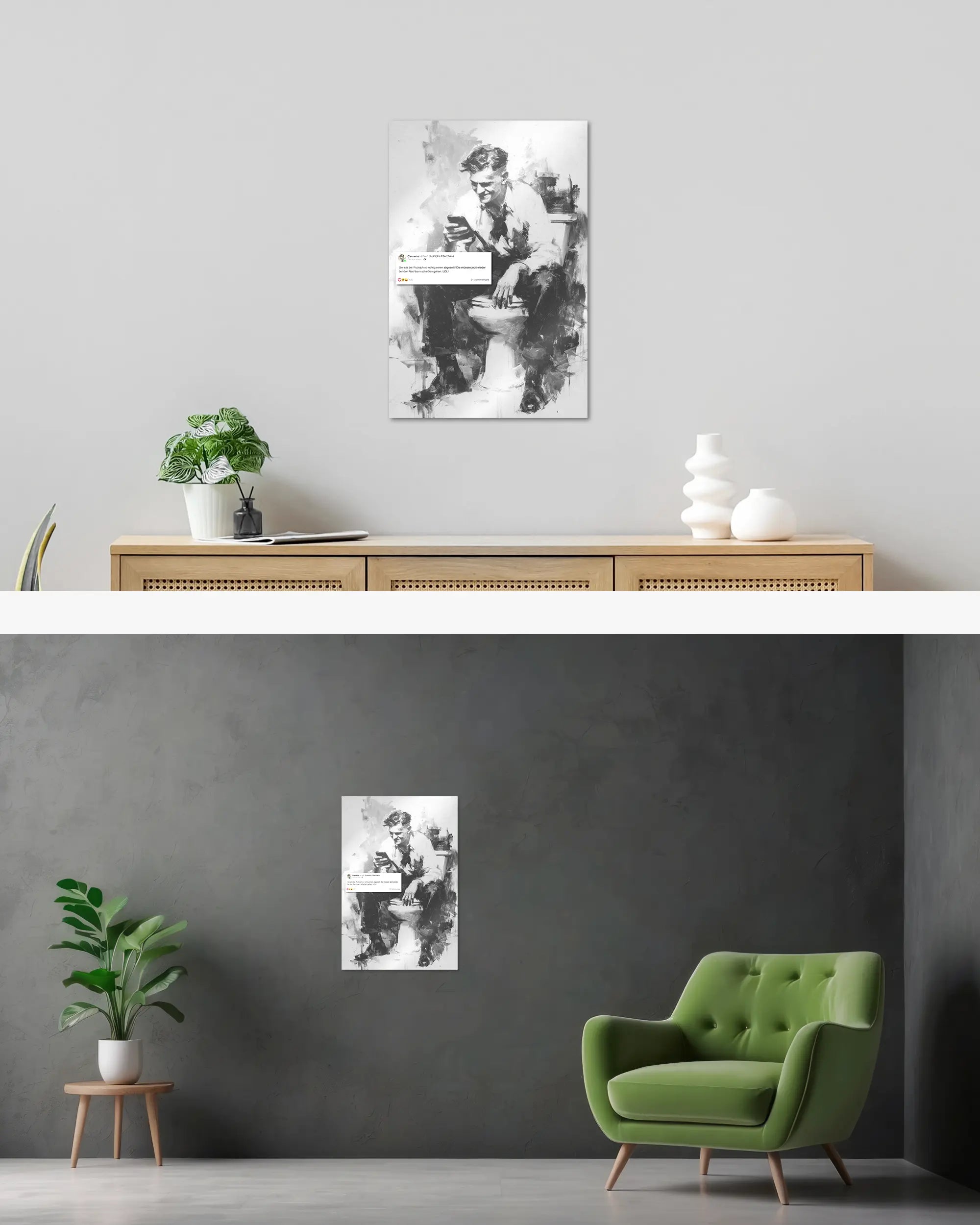 Wandansicht des Poster Plate Designs Clemens kackt im Metallic Style in der Größe Main (40 x 60 cm)