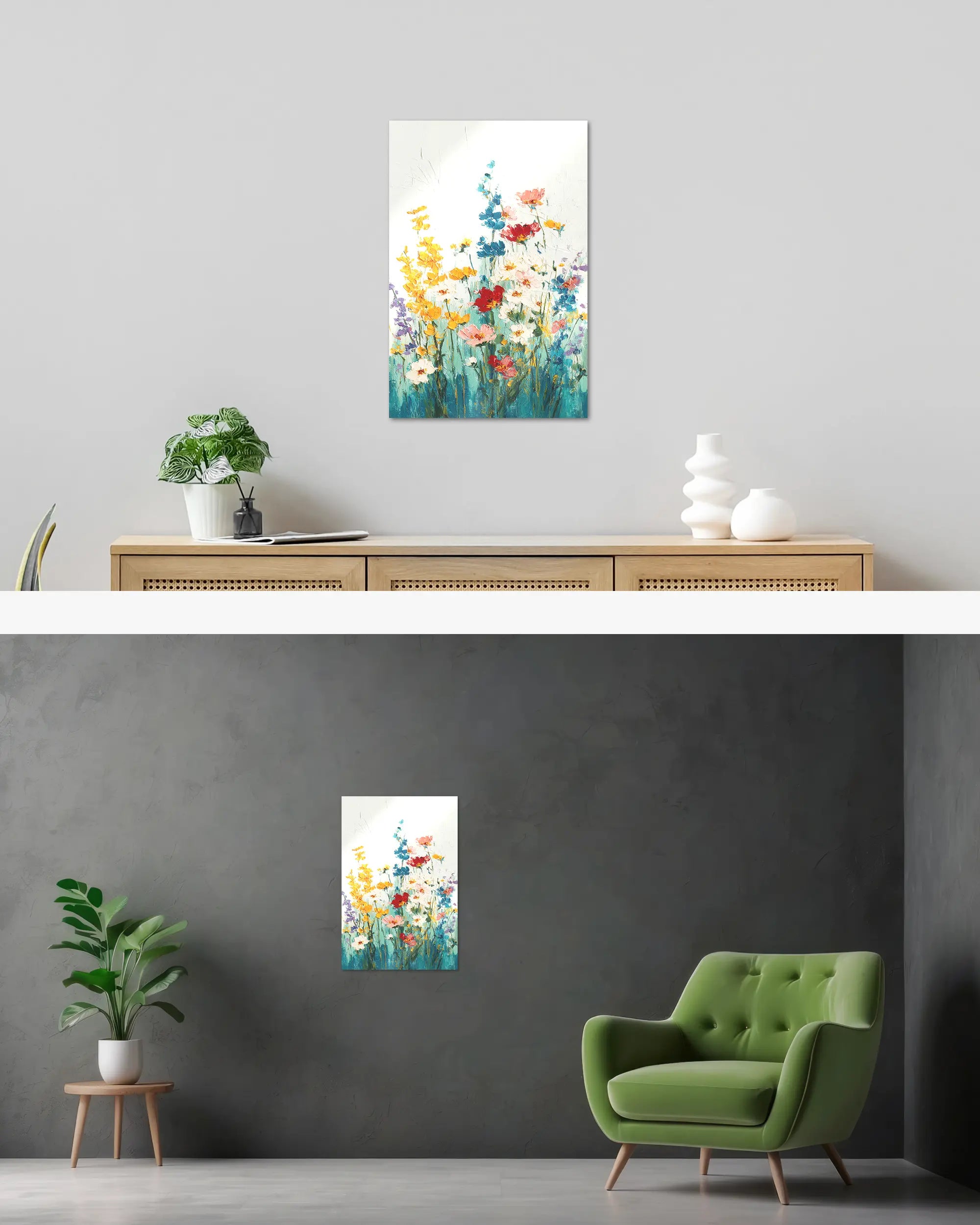 Wandansicht des Poster Plate Designs Blühen statt Mühen im Metallic Style in der Größe Main (40 x 60 cm)