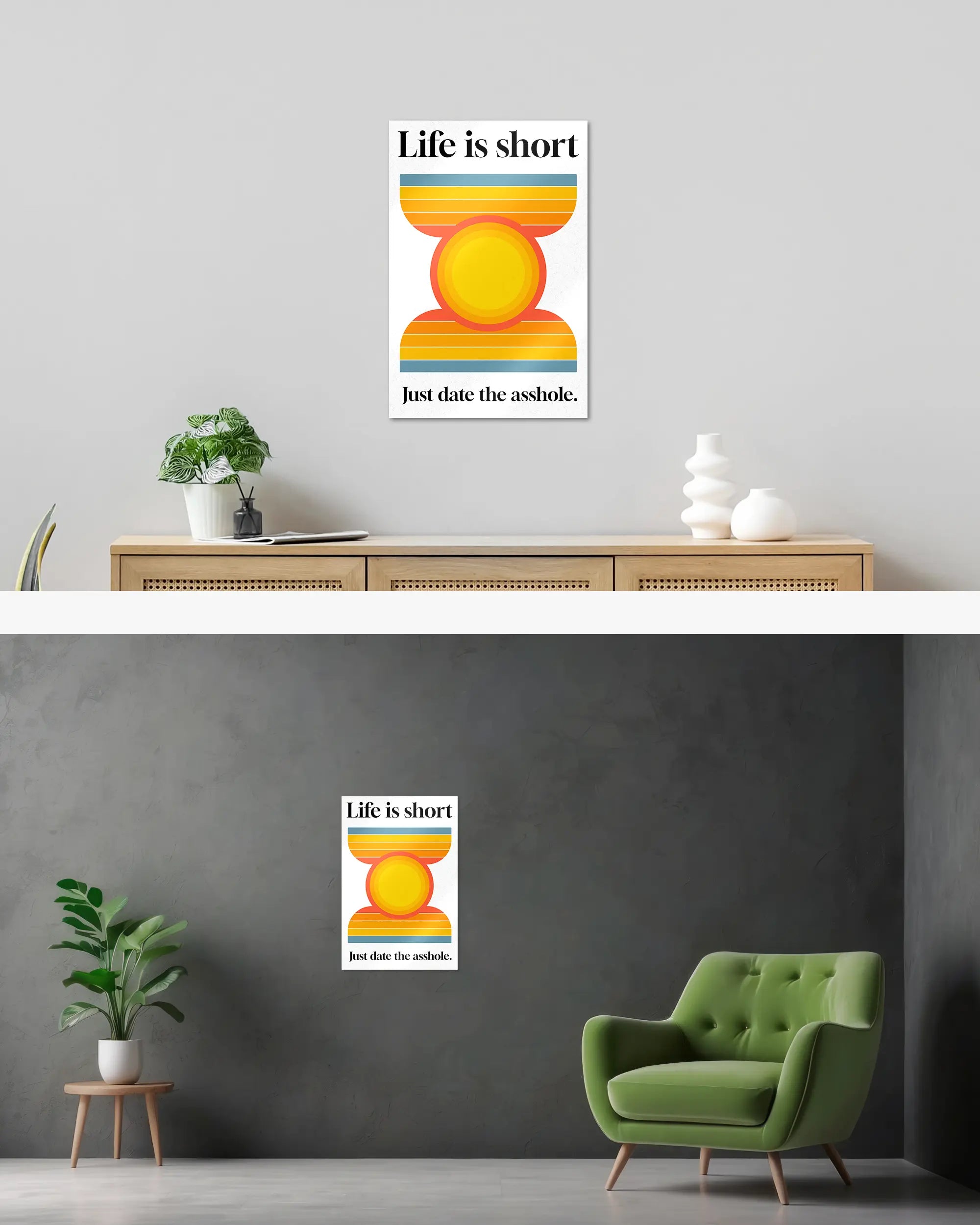 Wandansicht des Poster Plate Designs Life is short im Metallic Style in der Größe Main (40 x 60 cm)