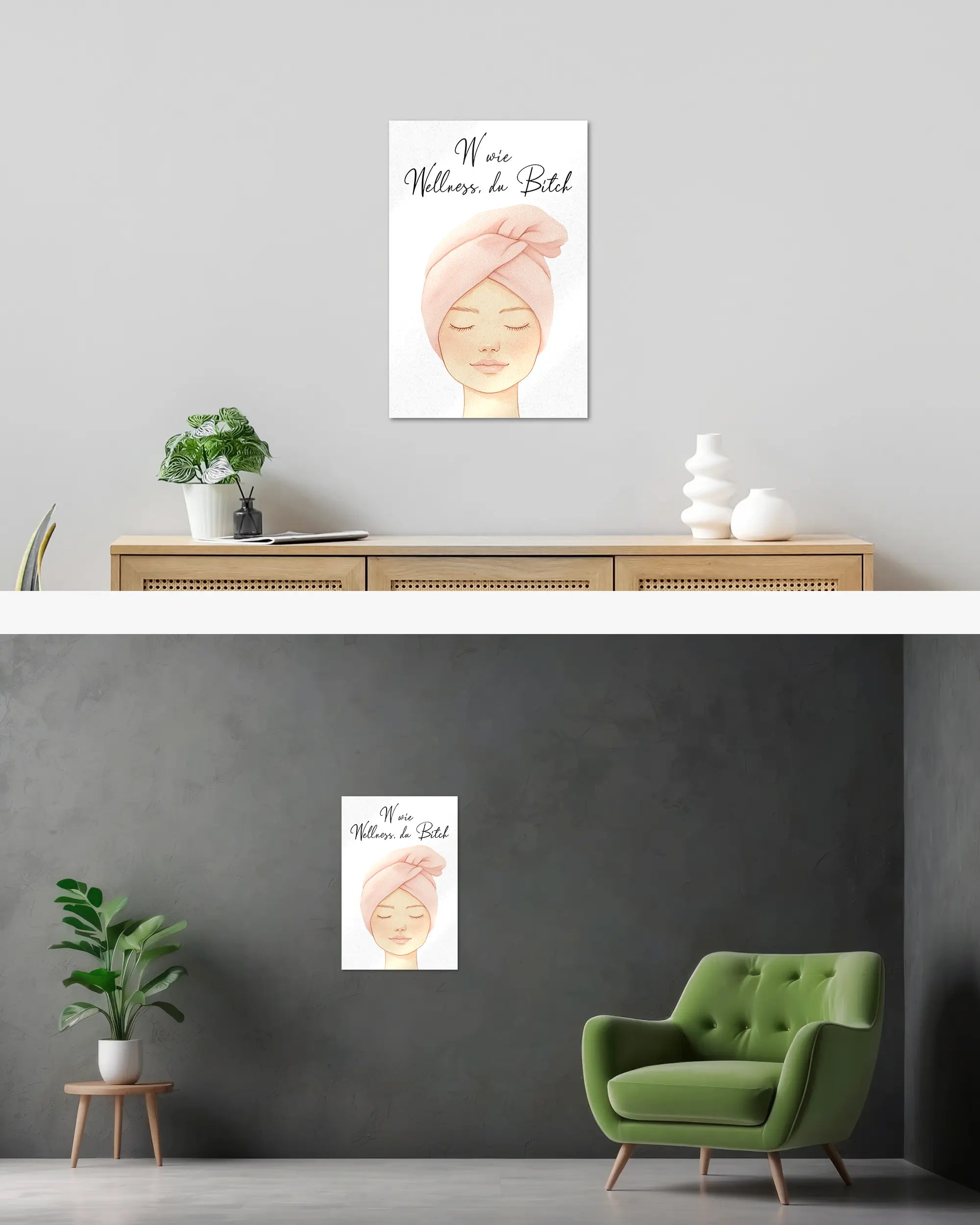 Wandansicht des Poster Plate Designs Wellness Routine im Metallic Style in der Größe Main (40 x 60 cm)