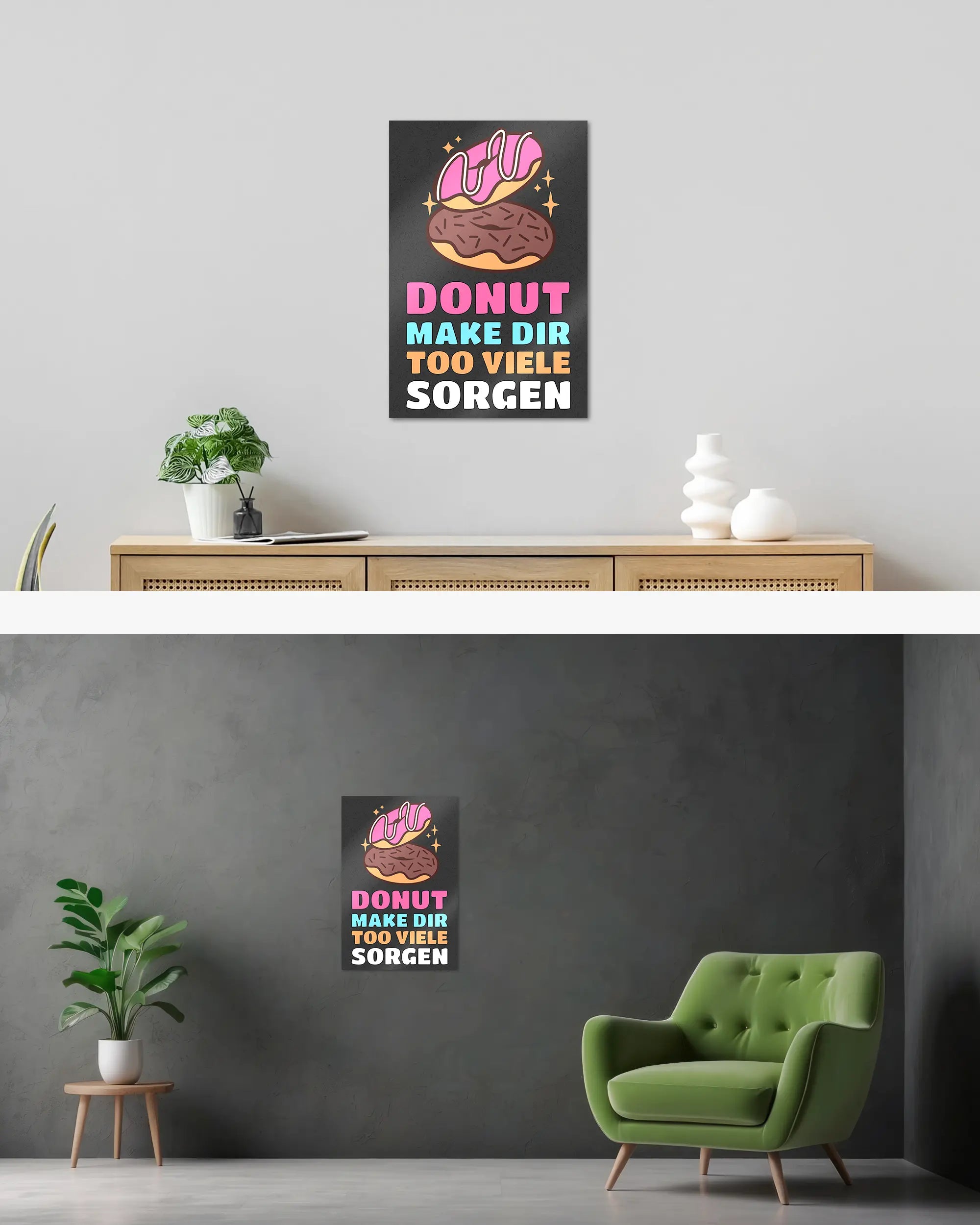Wandansicht des Poster Plate Designs Donut Worry im Metallic Style in der Größe Main (40 x 60 cm)