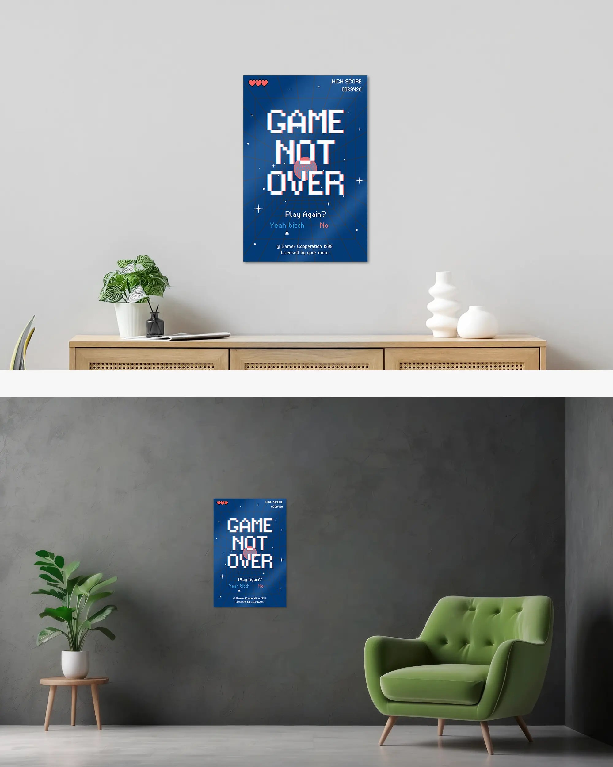 Wandansicht des Poster Plate Designs Game not over im Metallic Style in der Größe Main (40 x 60 cm)