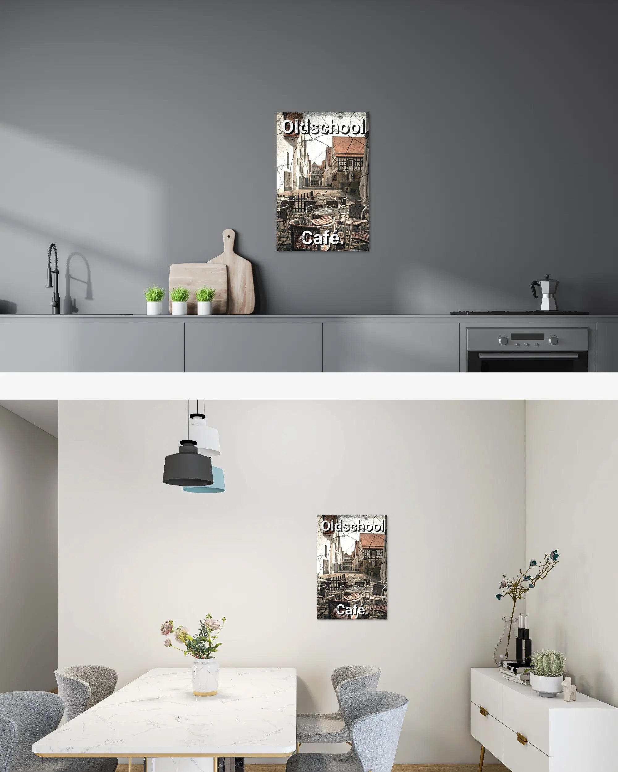 Zimmeransicht des Poster Plate Designs Oldschool Café im Metallic Style in der Größe Main (40 x 60 cm)