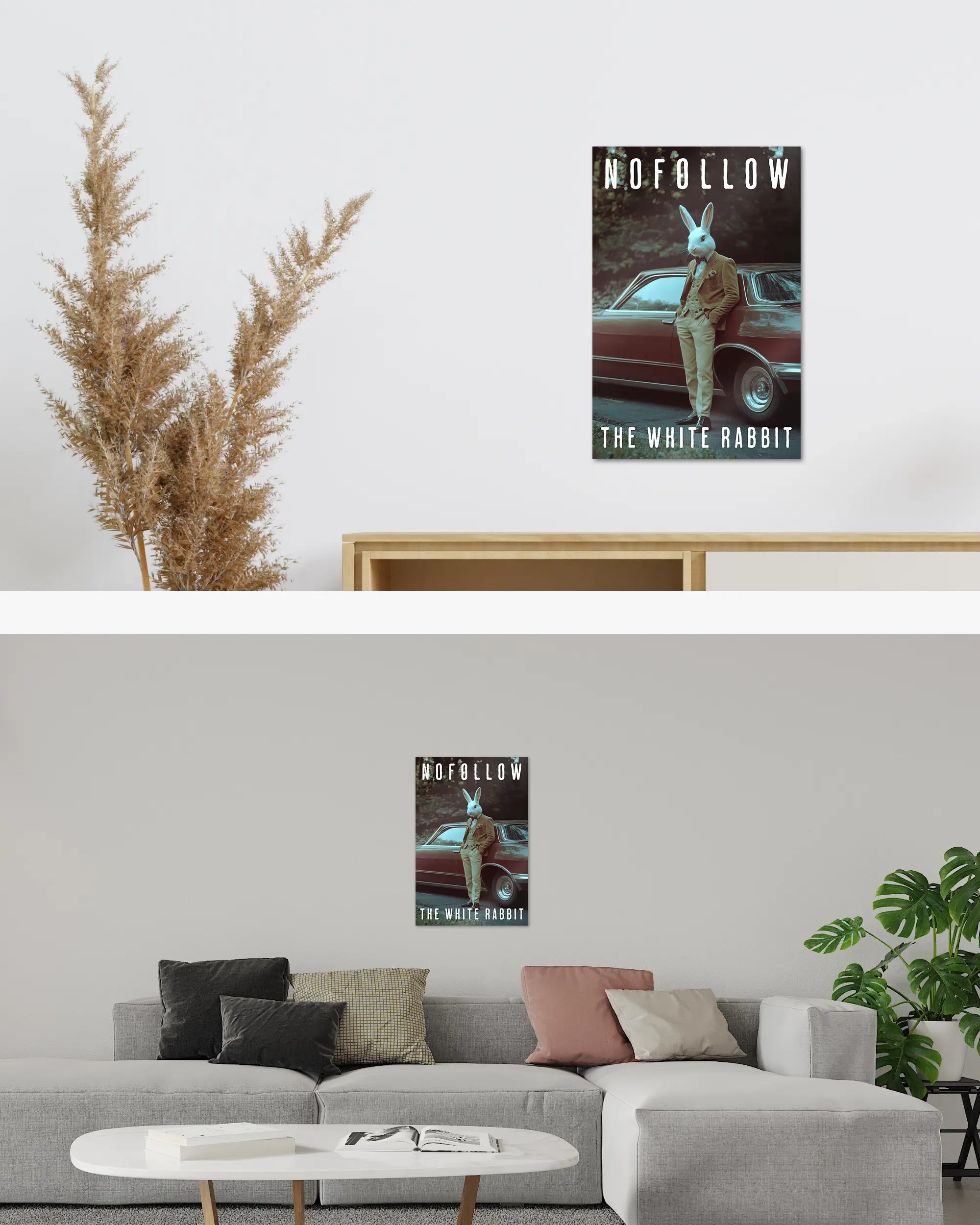 Zimmeransicht des Poster Plate Designs Nofollow the White Rabbit im Metallic Style in der Größe Main (40 x 60 cm)