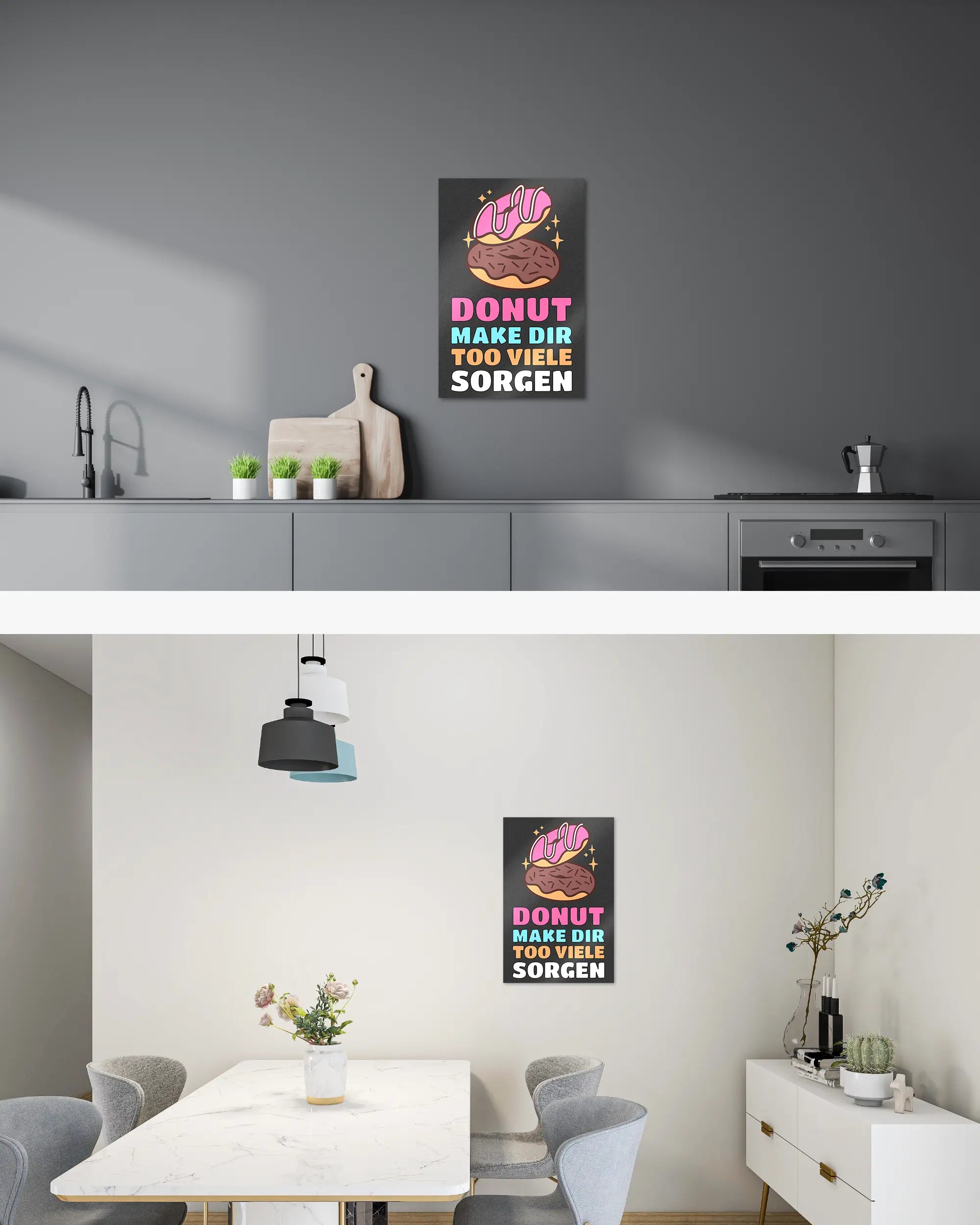 Zimmeransicht des Poster Plate Designs Donut Worry im Metallic Style in der Größe Main (40 x 60 cm)