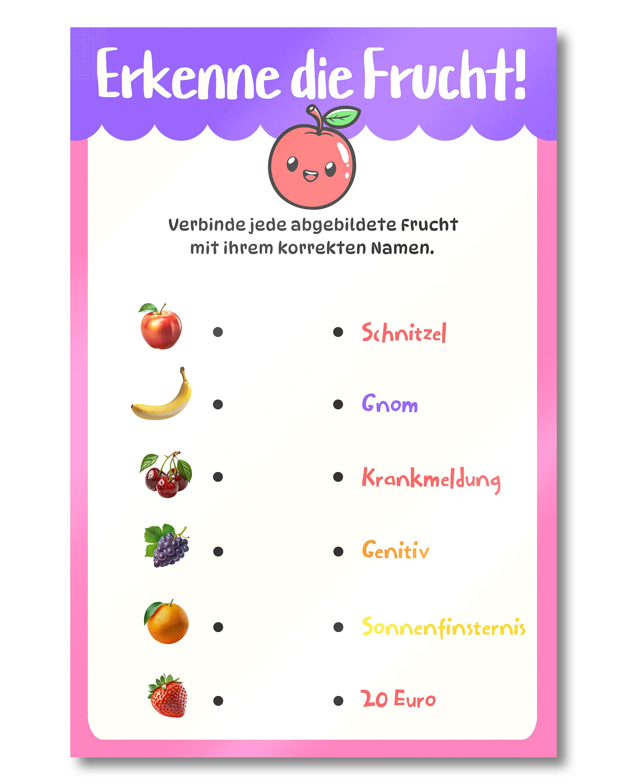 Frontalansicht des Poster Plate Designs Fruchtvokabeln im Metallic Style in der Größe Mini (20 x 30 cm)