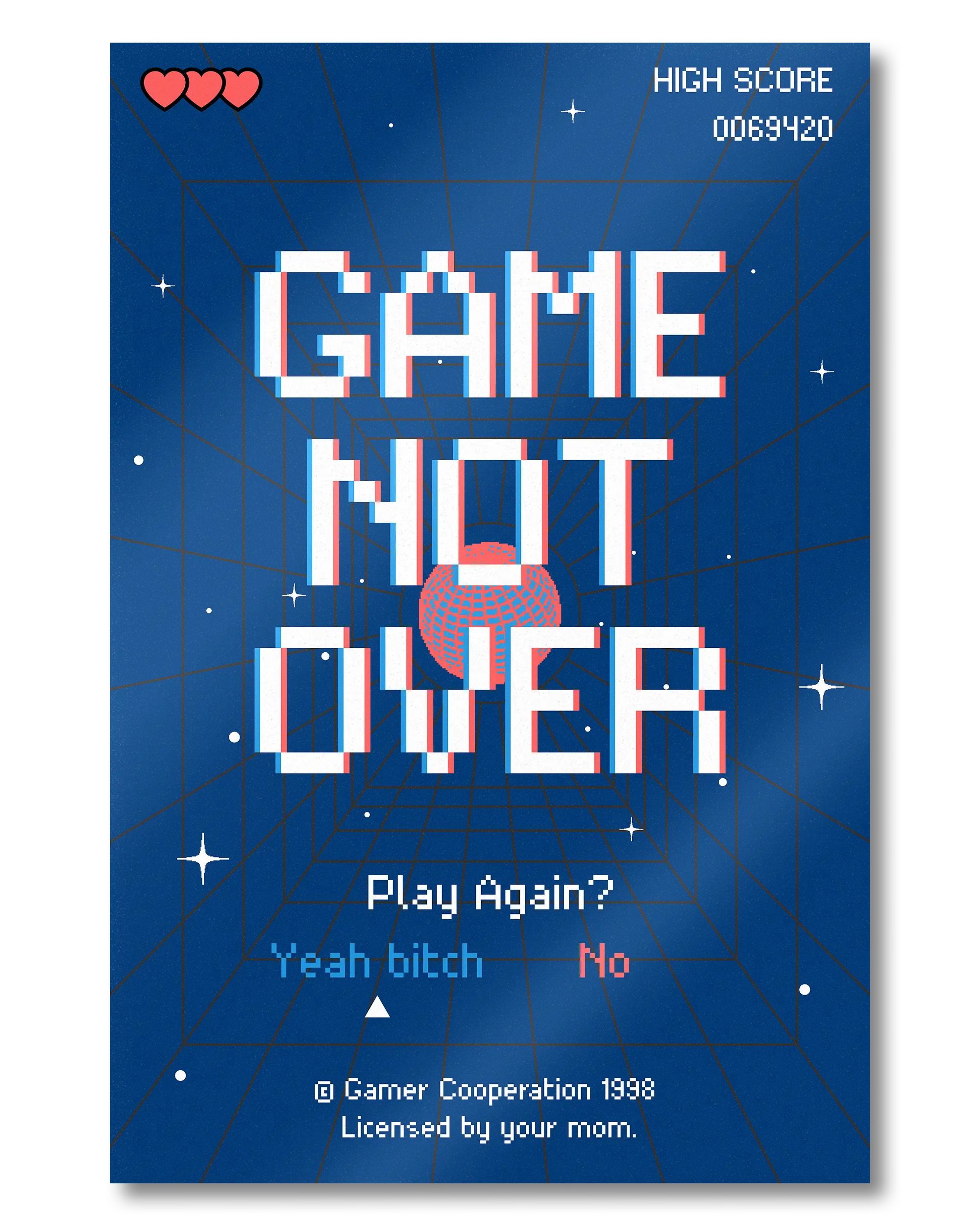 Frontalansicht des Poster Plate Designs Game not over im Metallic Style in der Größe Mini (20 x 30 cm)