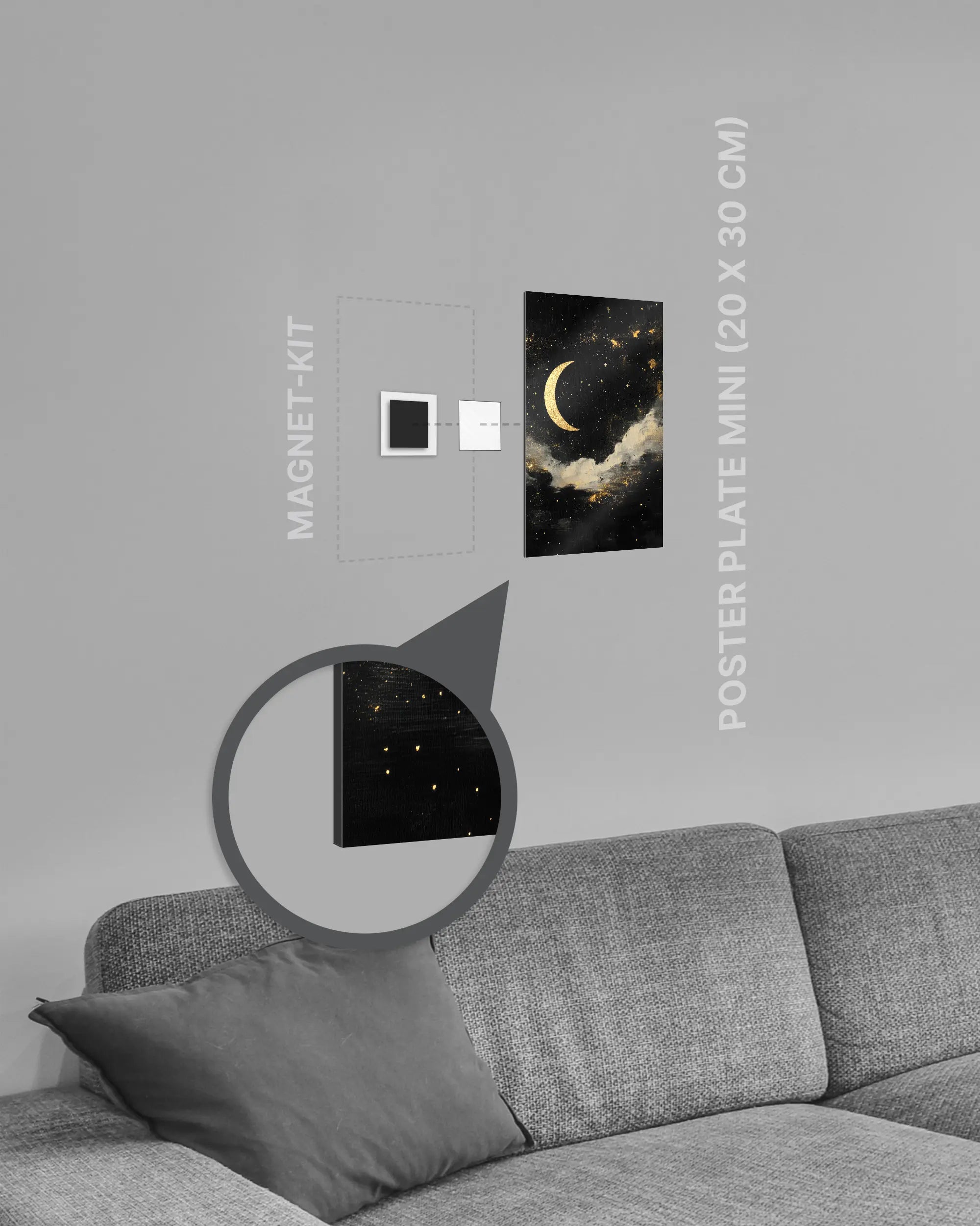 Magnet-Kit Seitenansicht des Poster Plate Designs Goldenes Mondgedicht im Metallic Style in der Größe Mini (20 x 30 cm)