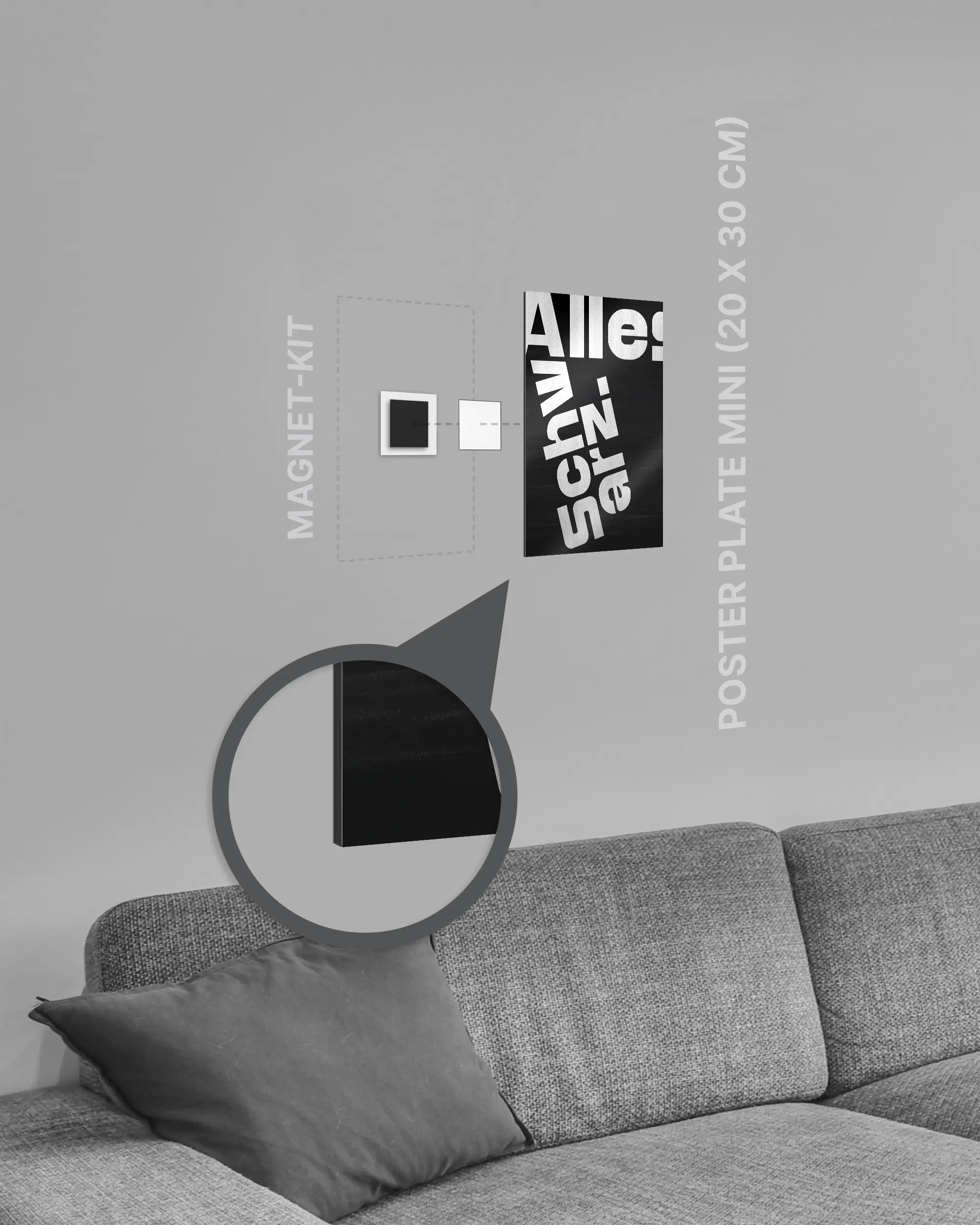 Magnet-Kit Seitenansicht des Poster Plate Designs Alles Schwarz im Metallic Style in der Größe Mini (20 x 30 cm)