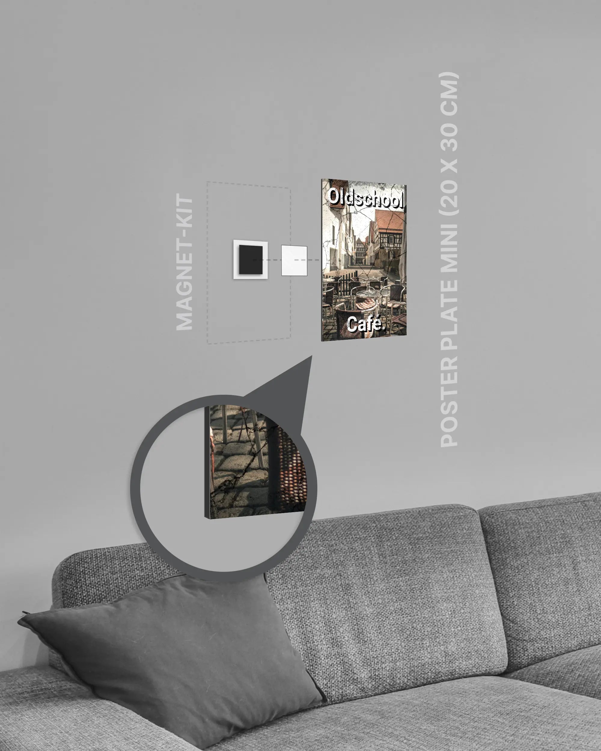 Magnet-Kit Seitenansicht des Poster Plate Designs Oldschool Café im Metallic Style in der Größe Mini (20 x 30 cm)