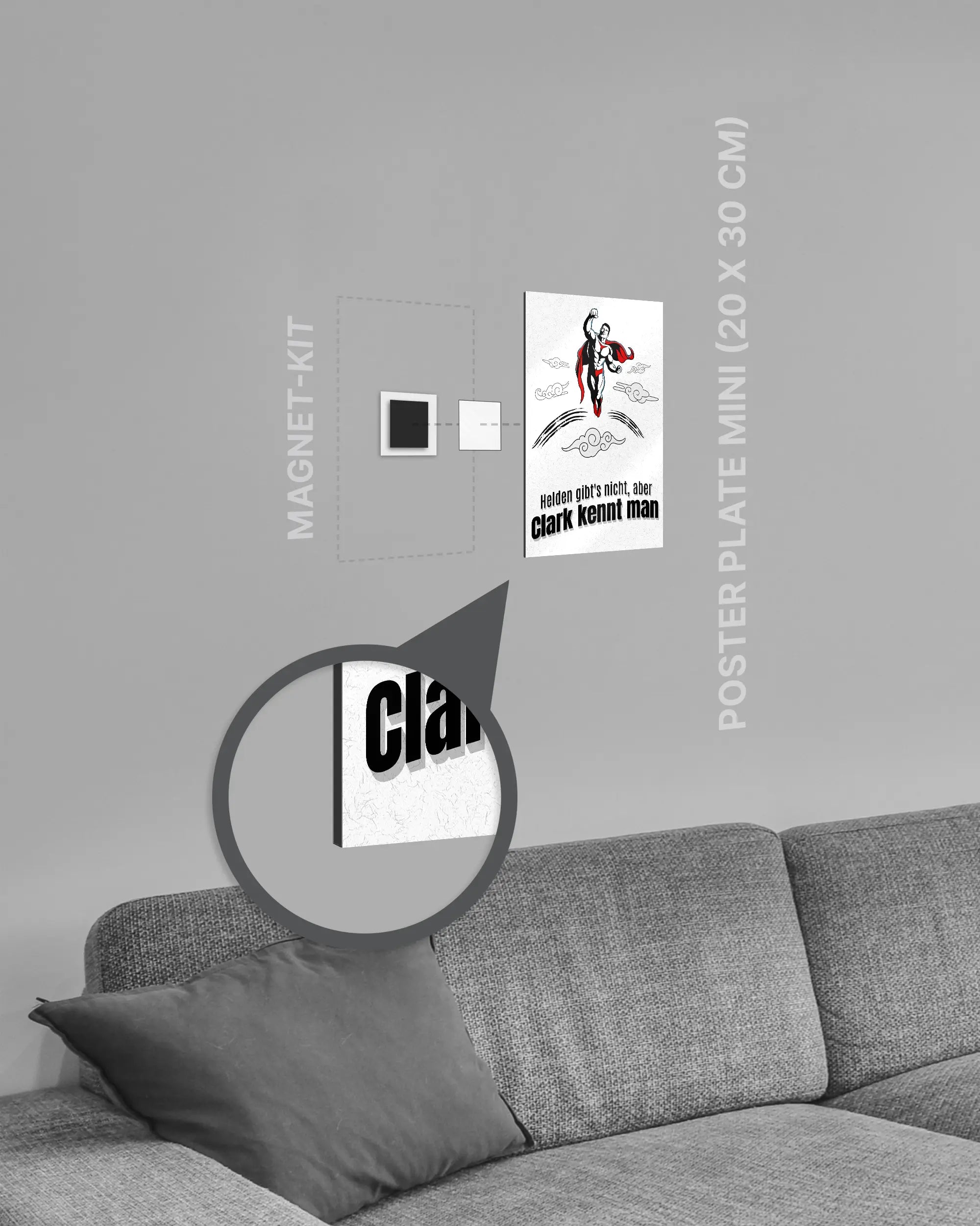 Magnet-Kit Seitenansicht des Poster Plate Designs Clark kennt man im Metallic Style in der Größe Mini (20 x 30 cm)