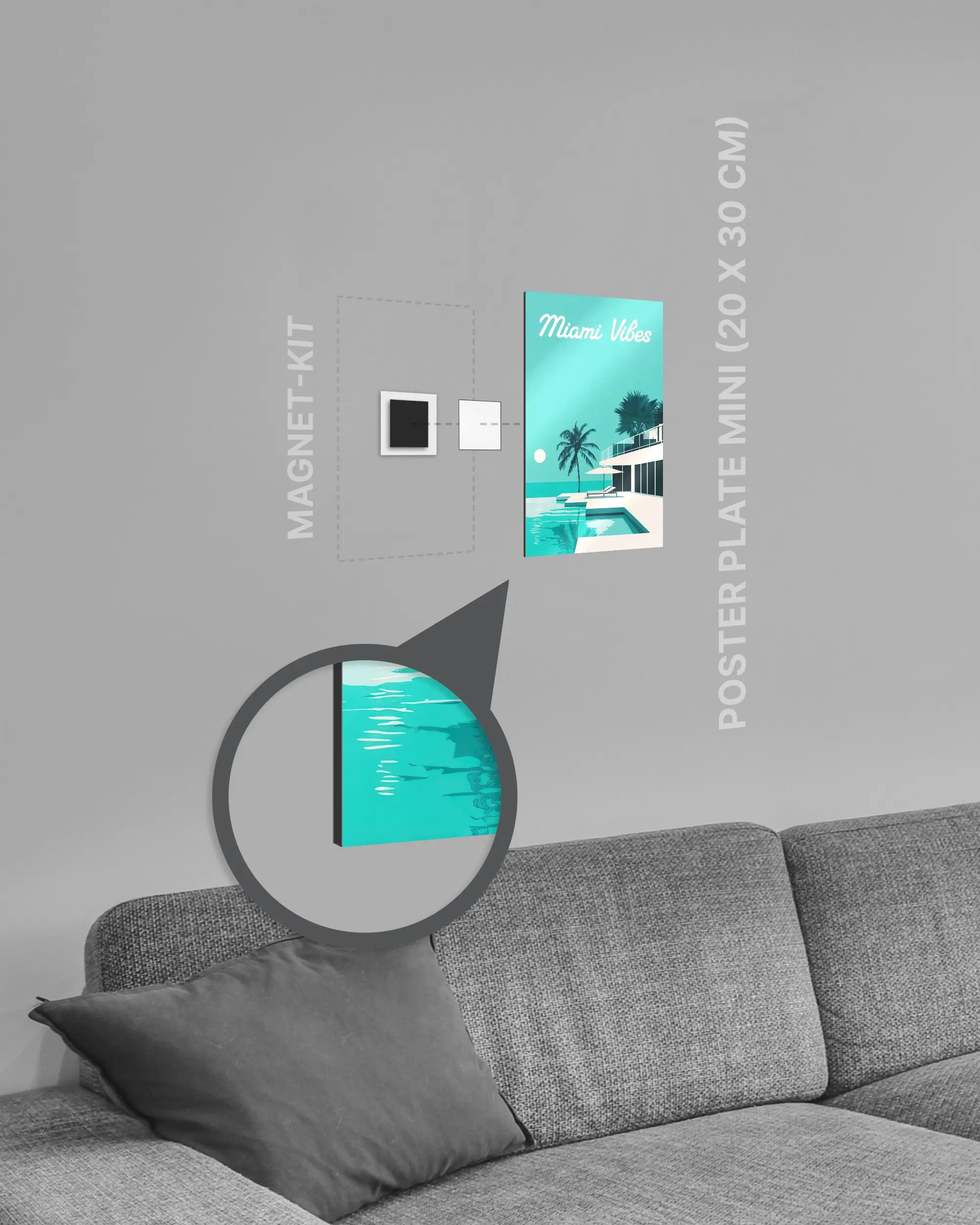 Magnet-Kit Seitenansicht des Poster Plate Designs Miami Vibes im Metallic Style in der Größe Mini (20 x 30 cm)