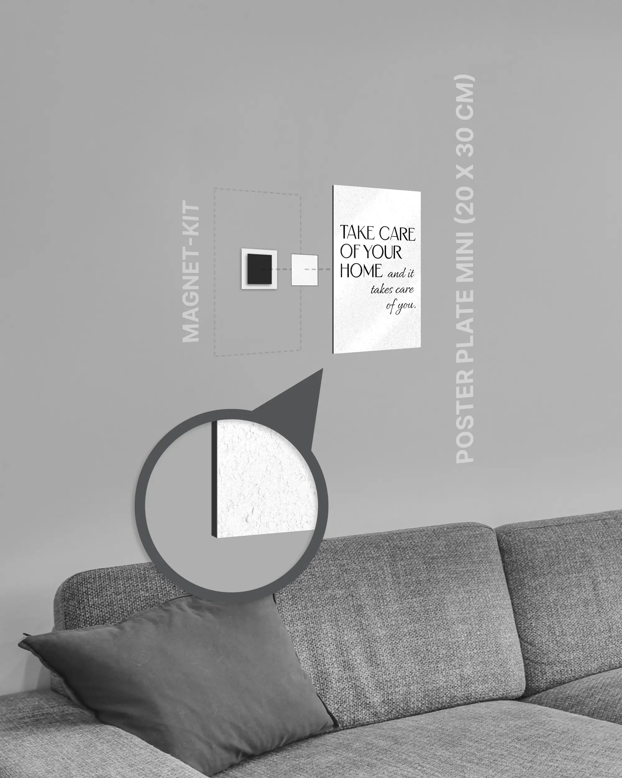 Magnet-Kit Seitenansicht des Poster Plate Designs Take Care im Metallic Style in der Größe Mini (20 x 30 cm)
