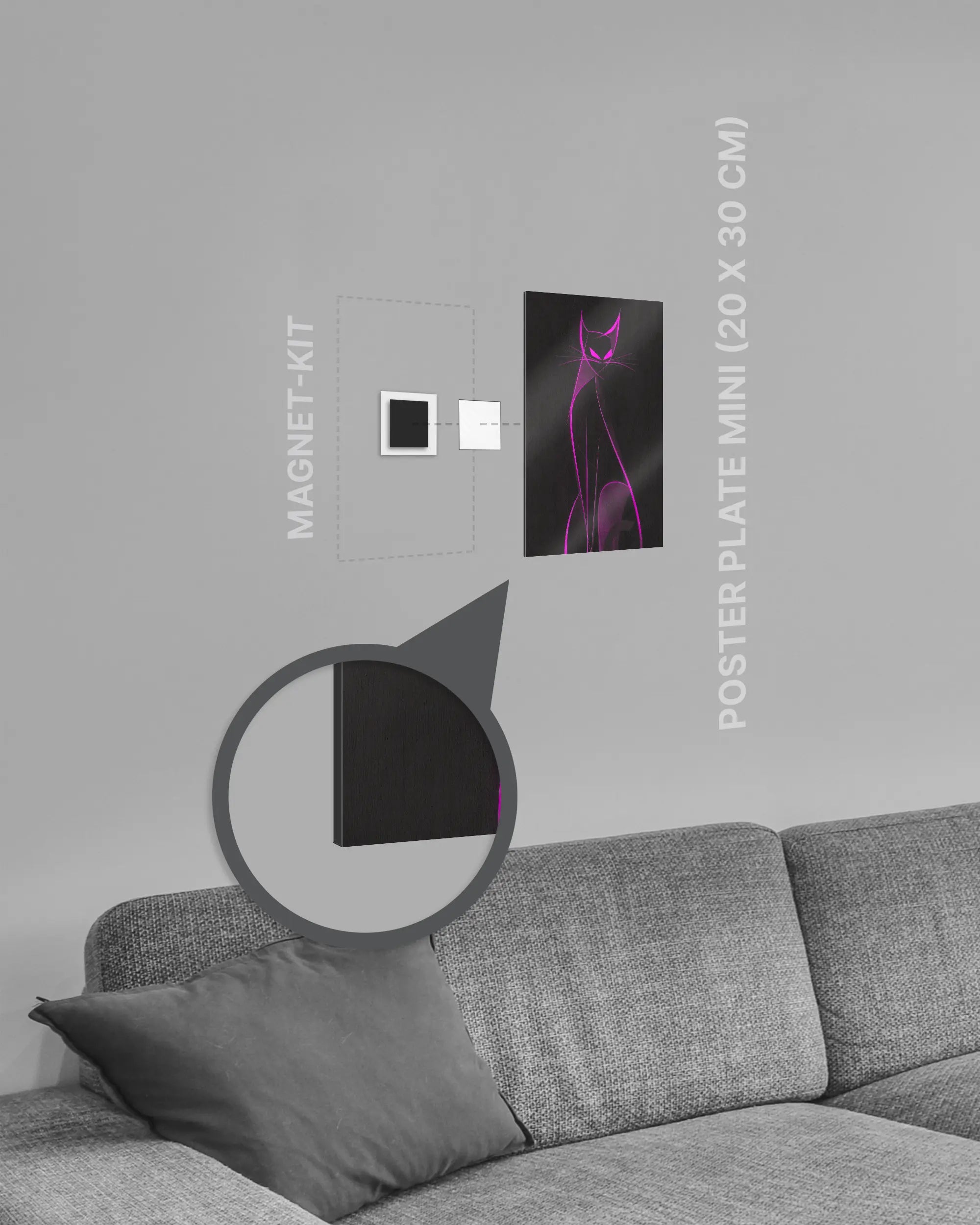 Magnet-Kit Seitenansicht des Poster Plate Designs Katzenkrimi im Metallic Style in der Größe Mini (20 x 30 cm)