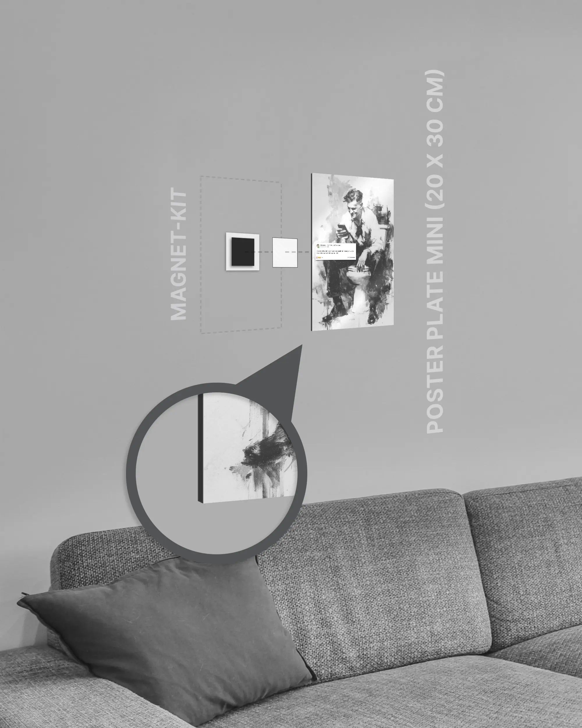 Magnet-Kit Seitenansicht des Poster Plate Designs Clemens kackt im Metallic Style in der Größe Mini (20 x 30 cm)