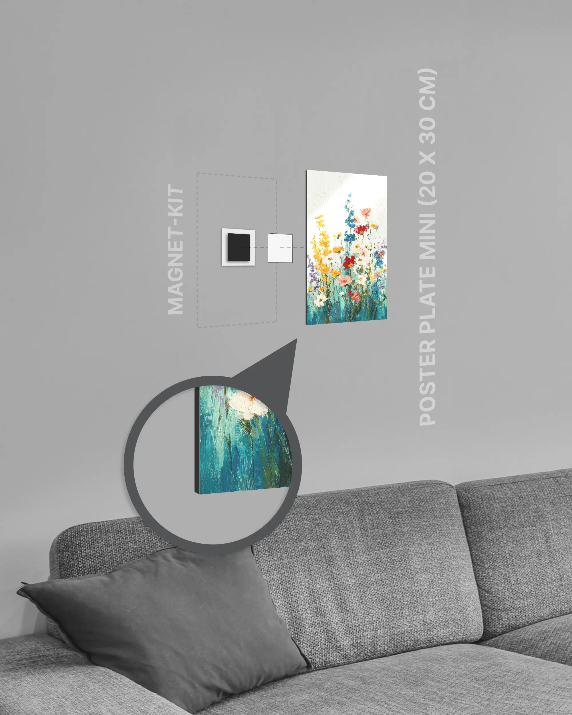 Magnet-Kit Seitenansicht des Poster Plate Designs Blühen statt Mühen im Metallic Style in der Größe Mini (20 x 30 cm)