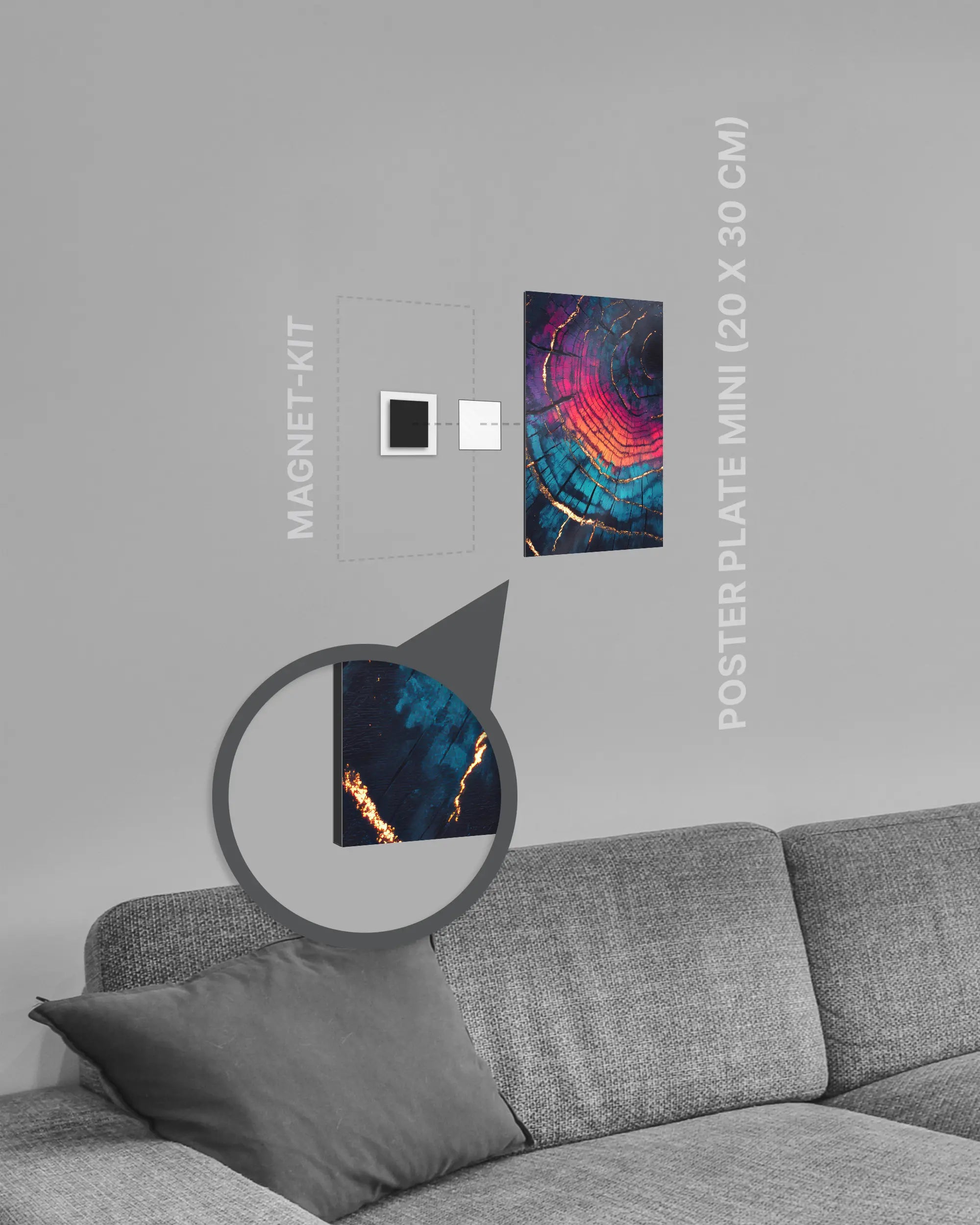 Magnet-Kit Seitenansicht des Poster Plate Designs Rindenroulette im Metallic Style in der Größe Mini (20 x 30 cm)