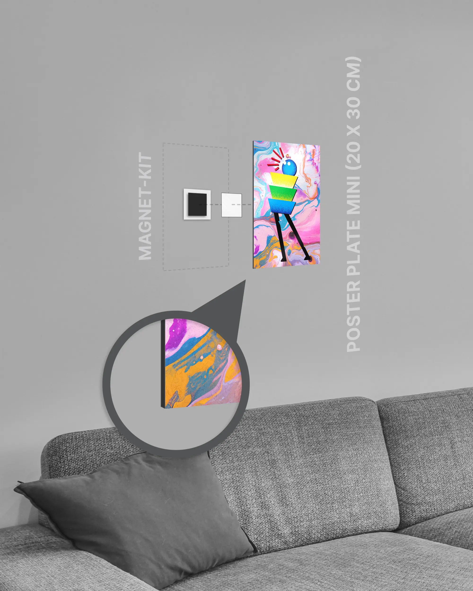 Magnet-Kit Seitenansicht des Poster Plate Designs Ein Kunstwerk im Metallic Style in der Größe Mini (20 x 30 cm)