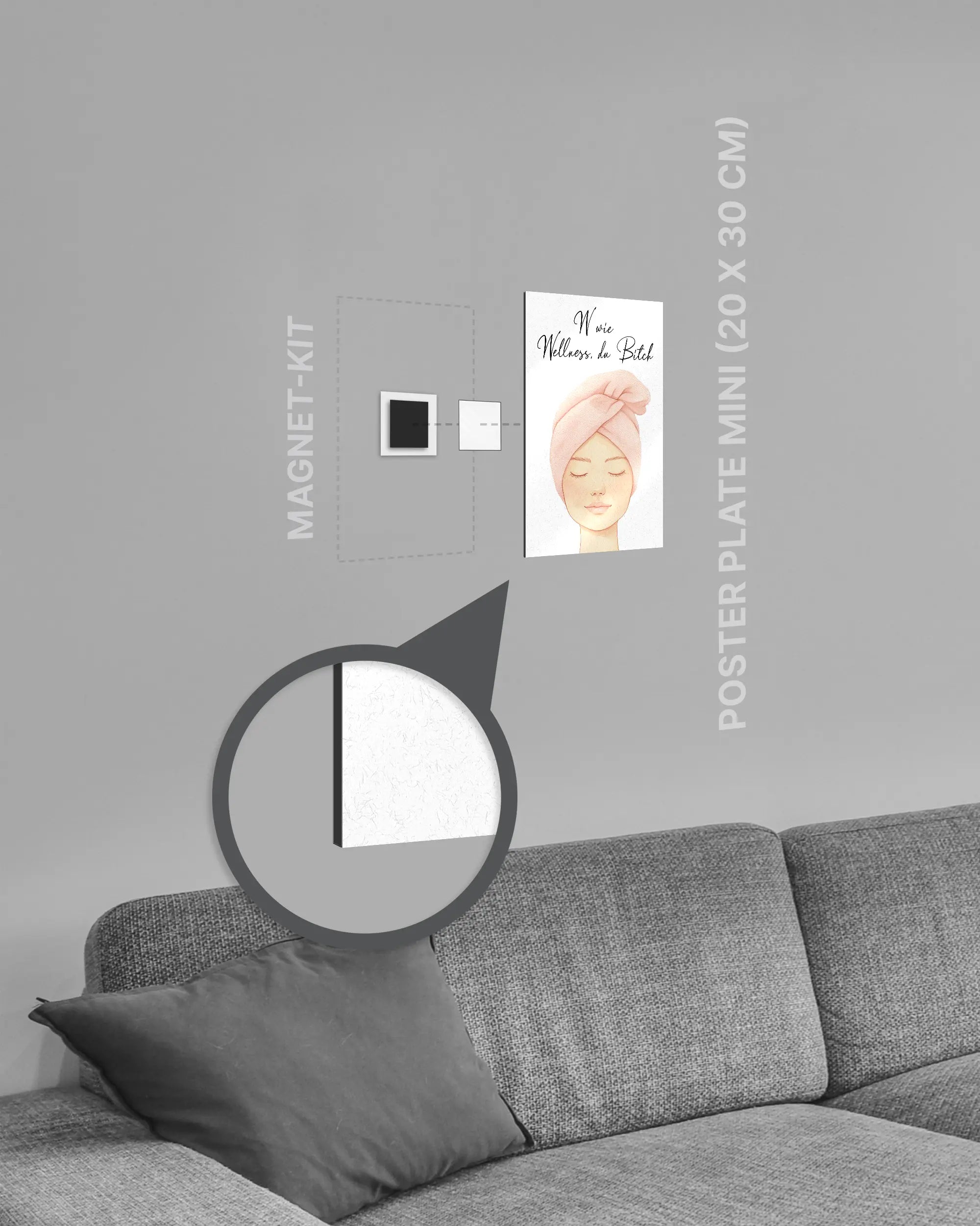 Magnet-Kit Seitenansicht des Poster Plate Designs Wellness Routine im Metallic Style in der Größe Mini (20 x 30 cm)