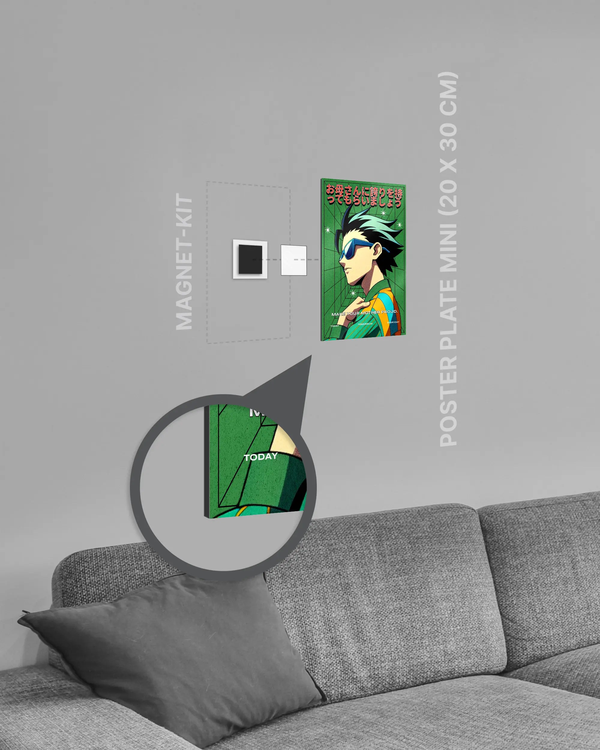 Magnet-Kit Seitenansicht des Poster Plate Designs Make her proud im Metallic Style in der Größe Mini (20 x 30 cm)