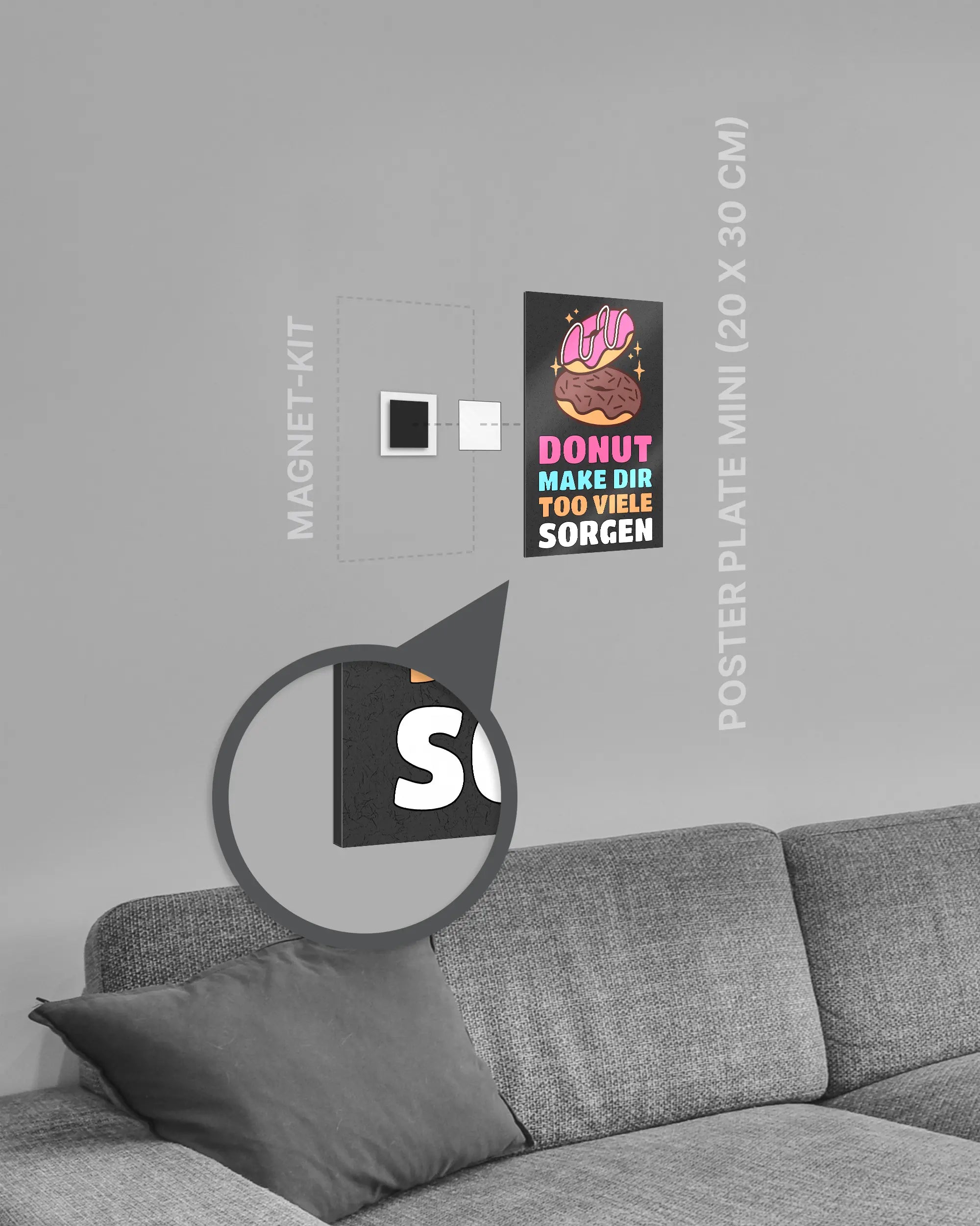 Magnet-Kit Seitenansicht des Poster Plate Designs Donut Worry im Metallic Style in der Größe Mini (20 x 30 cm)