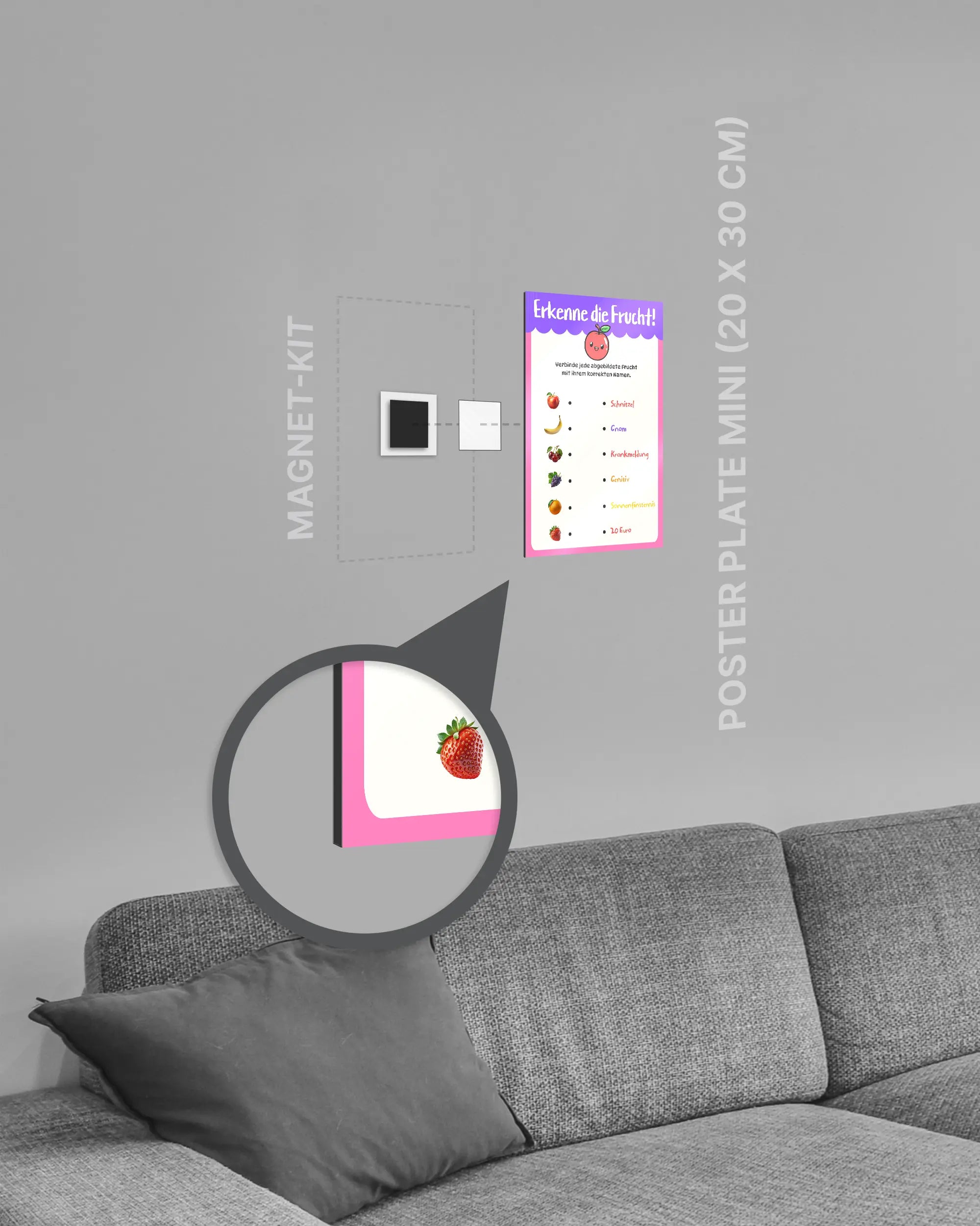 Magnet-Kit Seitenansicht des Poster Plate Designs Fruchtvokabeln im Metallic Style in der Größe Mini (20 x 30 cm)