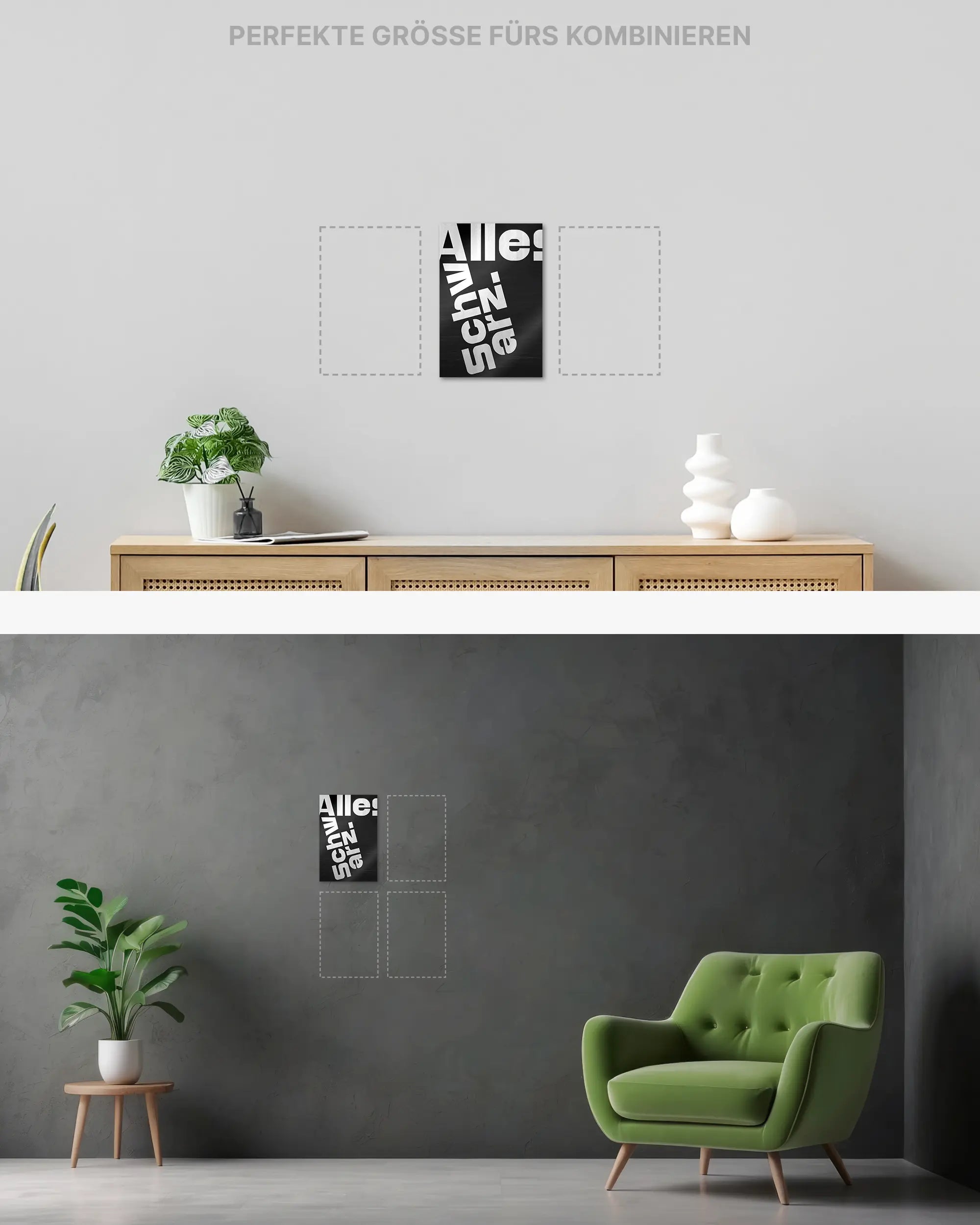 Wandansicht des Poster Plate Designs Alles Schwarz im Metallic Style in der Größe Mini (20 x 30 cm)