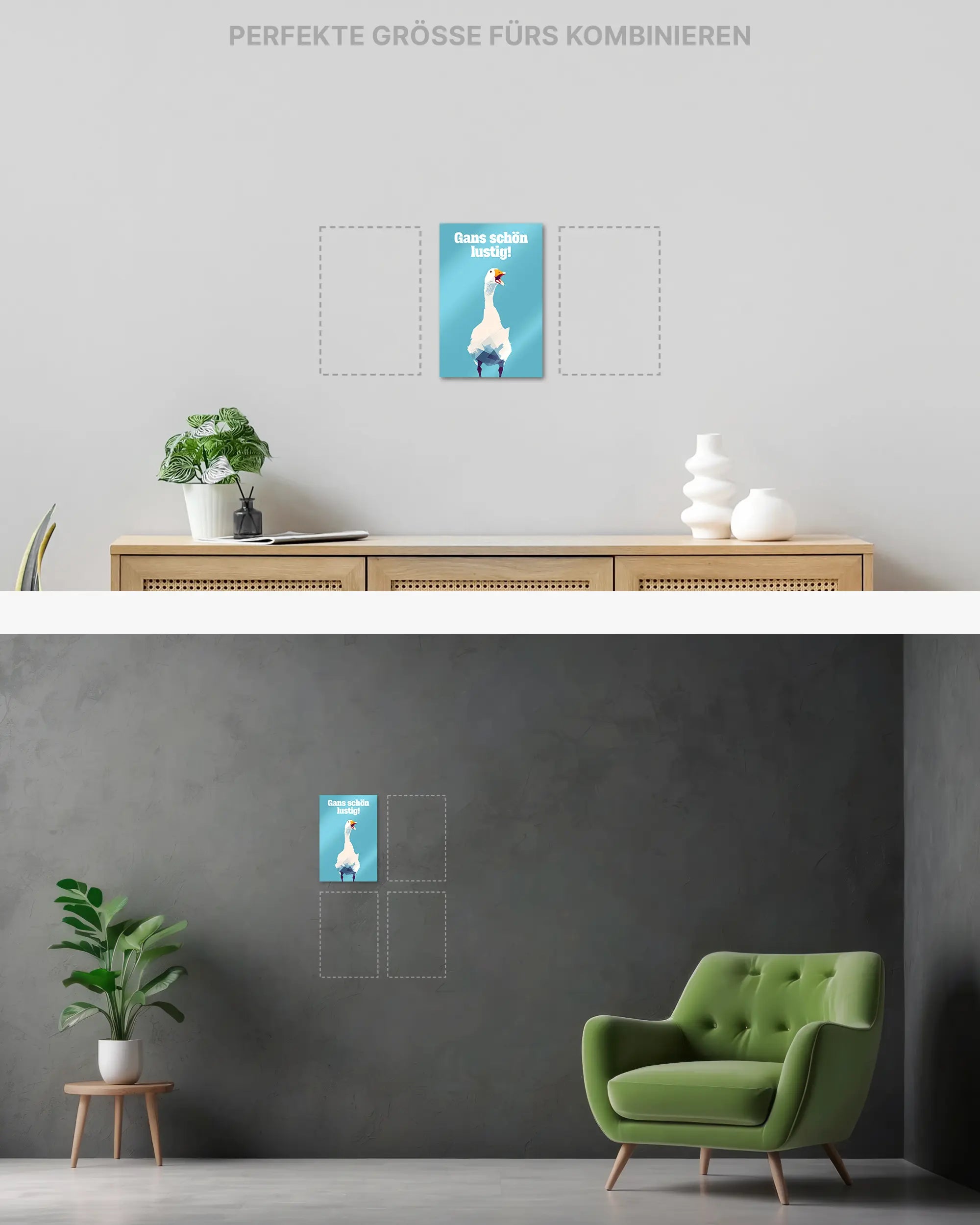 Wandansicht des Poster Plate Designs Gans schön lustig im Metallic Style in der Größe Mini (20 x 30 cm)