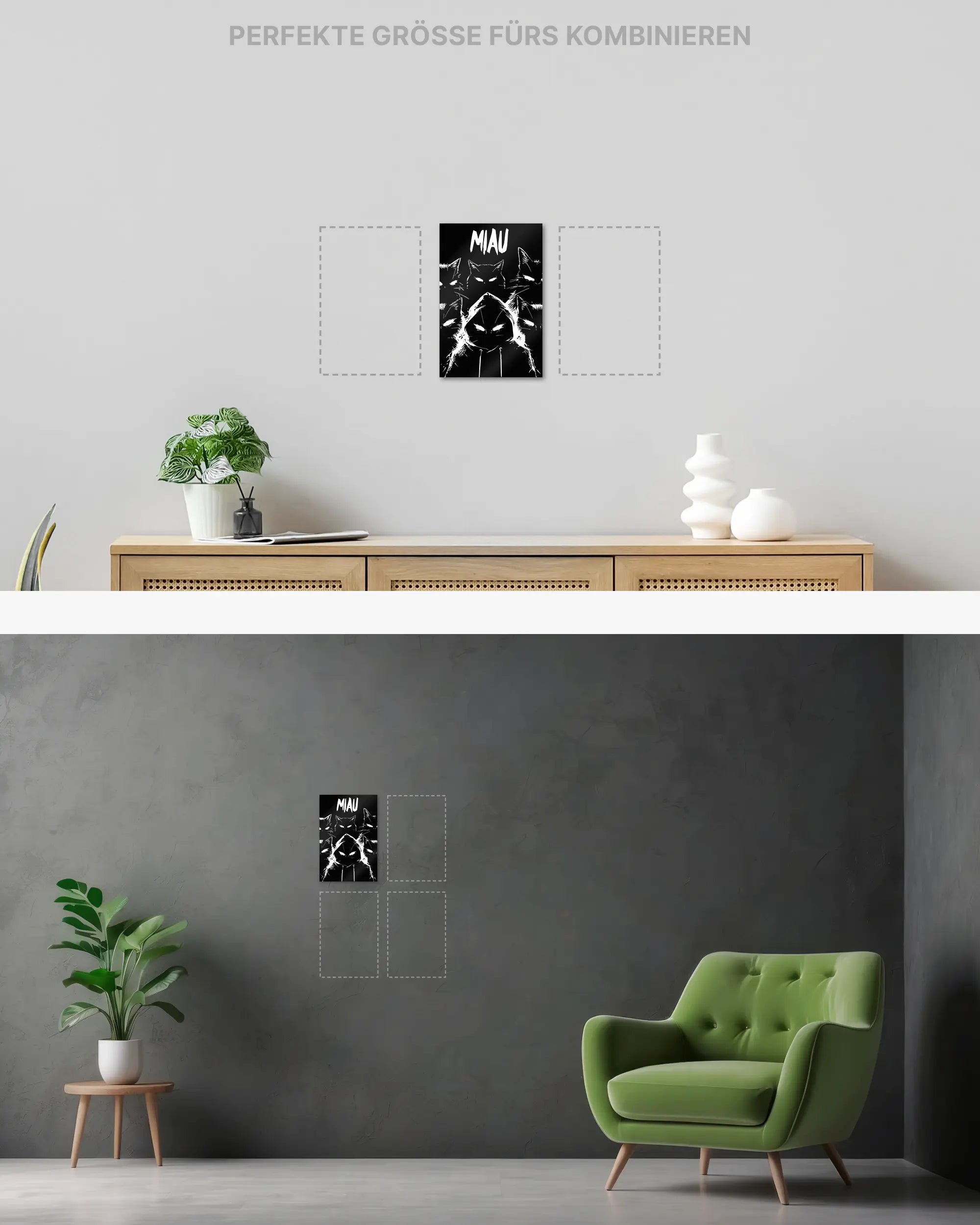 Wandansicht des Poster Plate Designs Miau Gang im Metallic Style in der Größe Mini (20 x 30 cm)