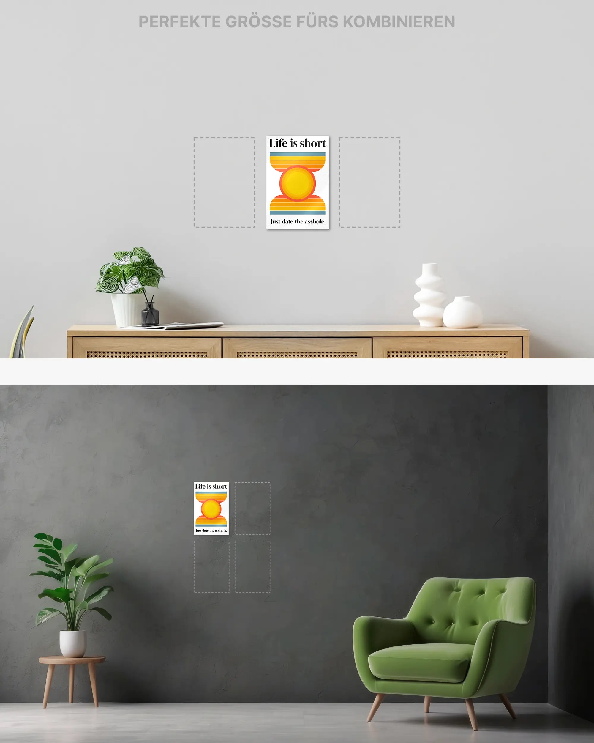 Wandansicht des Poster Plate Designs Life is short im Metallic Style in der Größe Mini (20 x 30 cm)