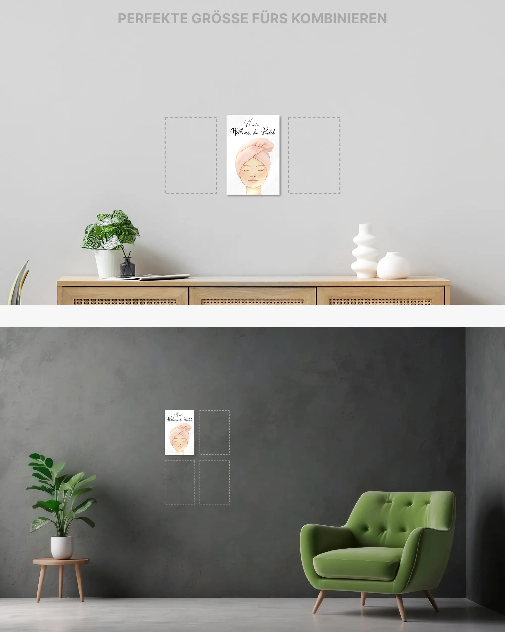 Wandansicht des Poster Plate Designs Wellness Routine im Metallic Style in der Größe Mini (20 x 30 cm)