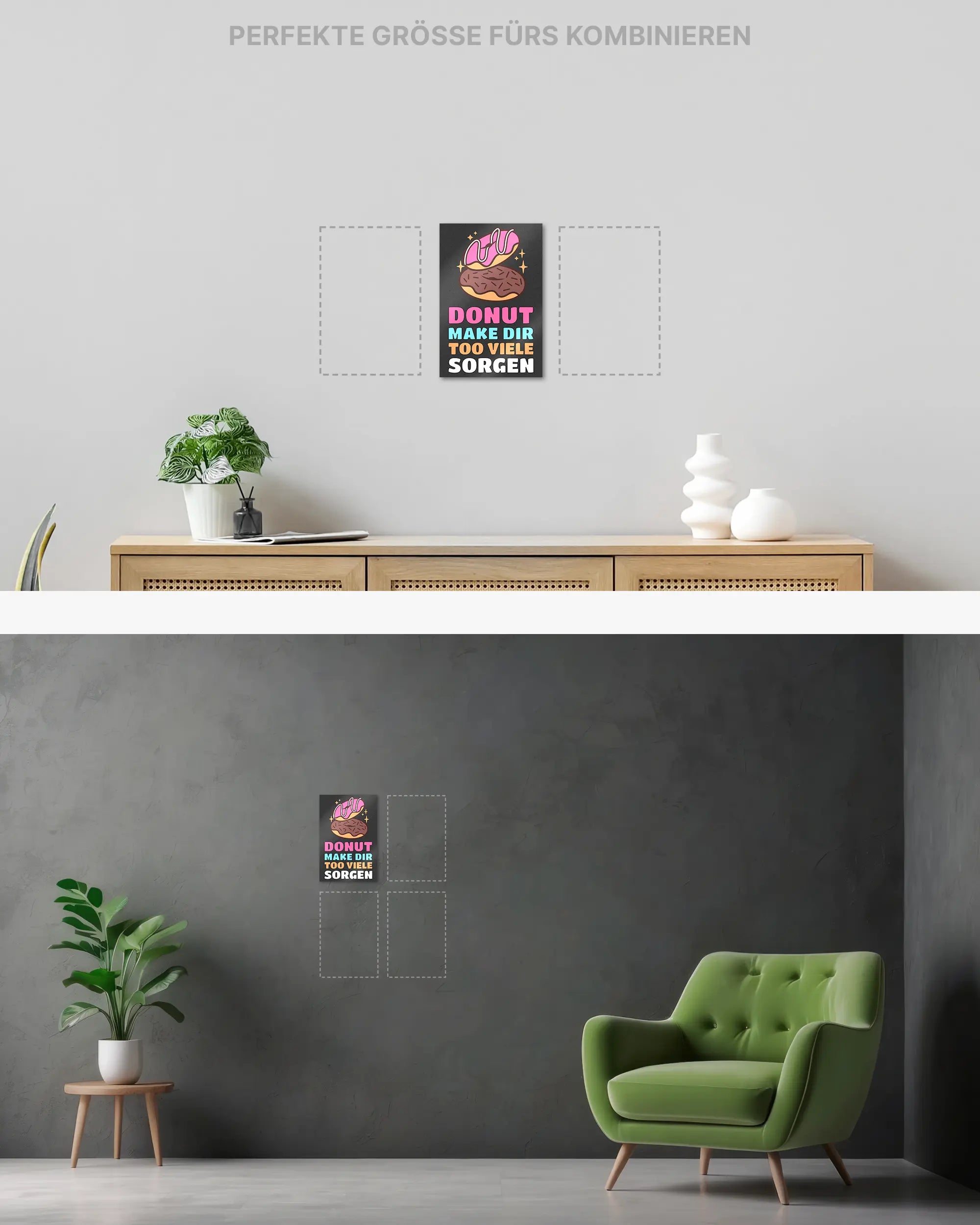 Wandansicht des Poster Plate Designs Donut Worry im Metallic Style in der Größe Mini (20 x 30 cm)