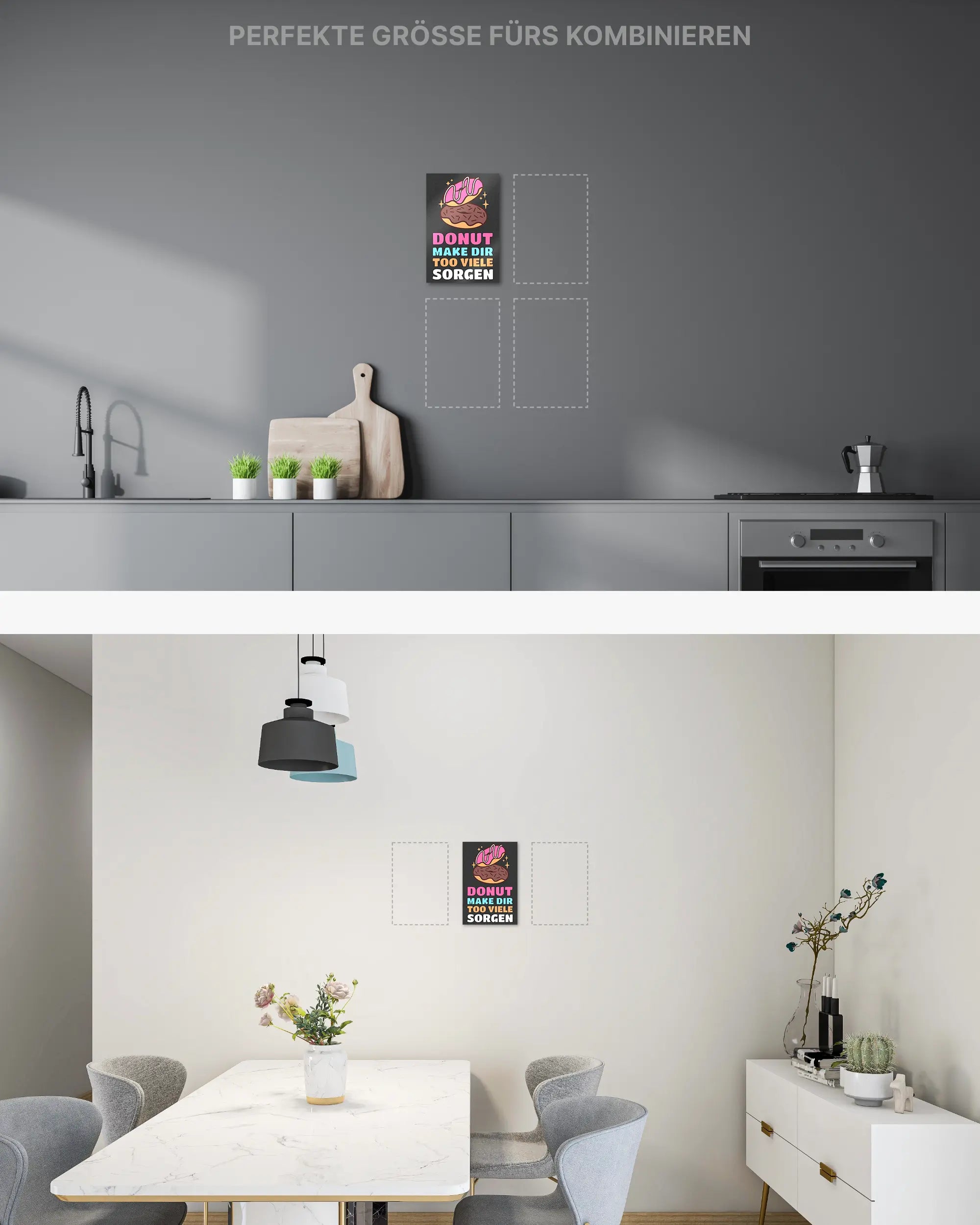 Zimmeransicht des Poster Plate Designs Donut Worry im Metallic Style in der Größe Mini (20 x 30 cm)